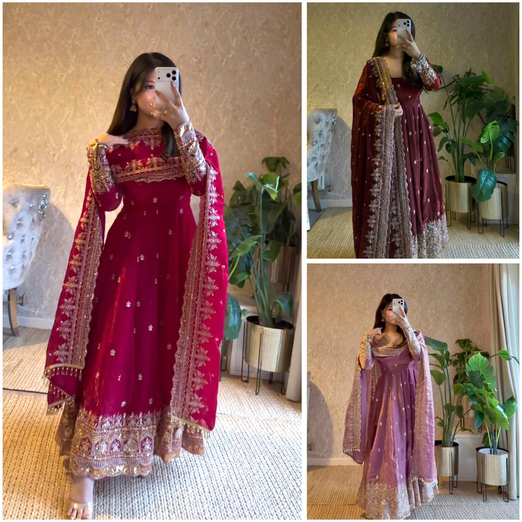 Designer Fandy Satin Silk Anarkali Suit Set For Women | Heavy Embroidery Sequence Work Party Wear Ethnic Outfit | Premium 3 Piece Gown Set