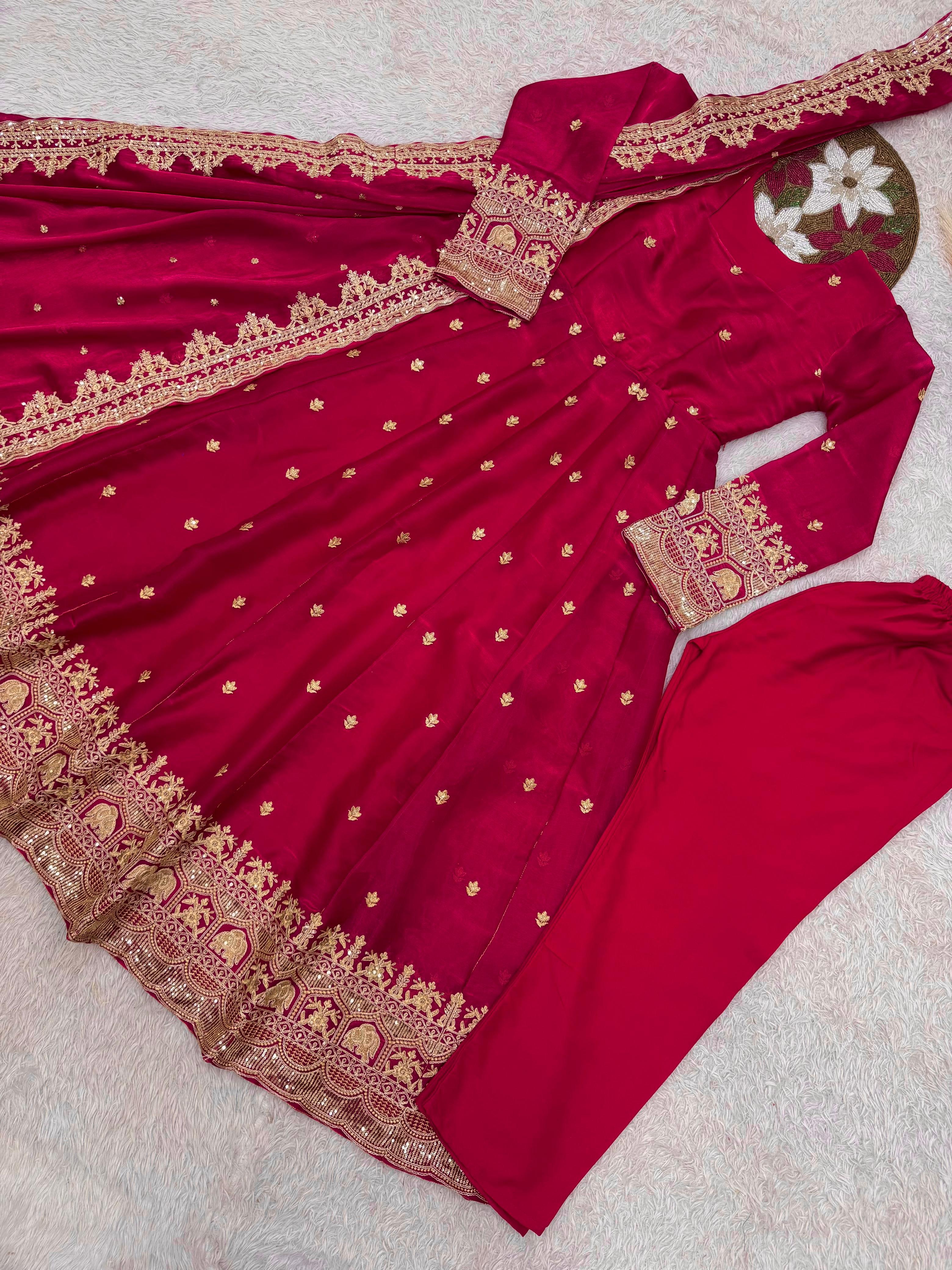 Designer Fandy Satin Silk Anarkali Suit Set For Women | Heavy Embroidery Sequence Work Party Wear Ethnic Outfit | Premium 3 Piece Gown Set
