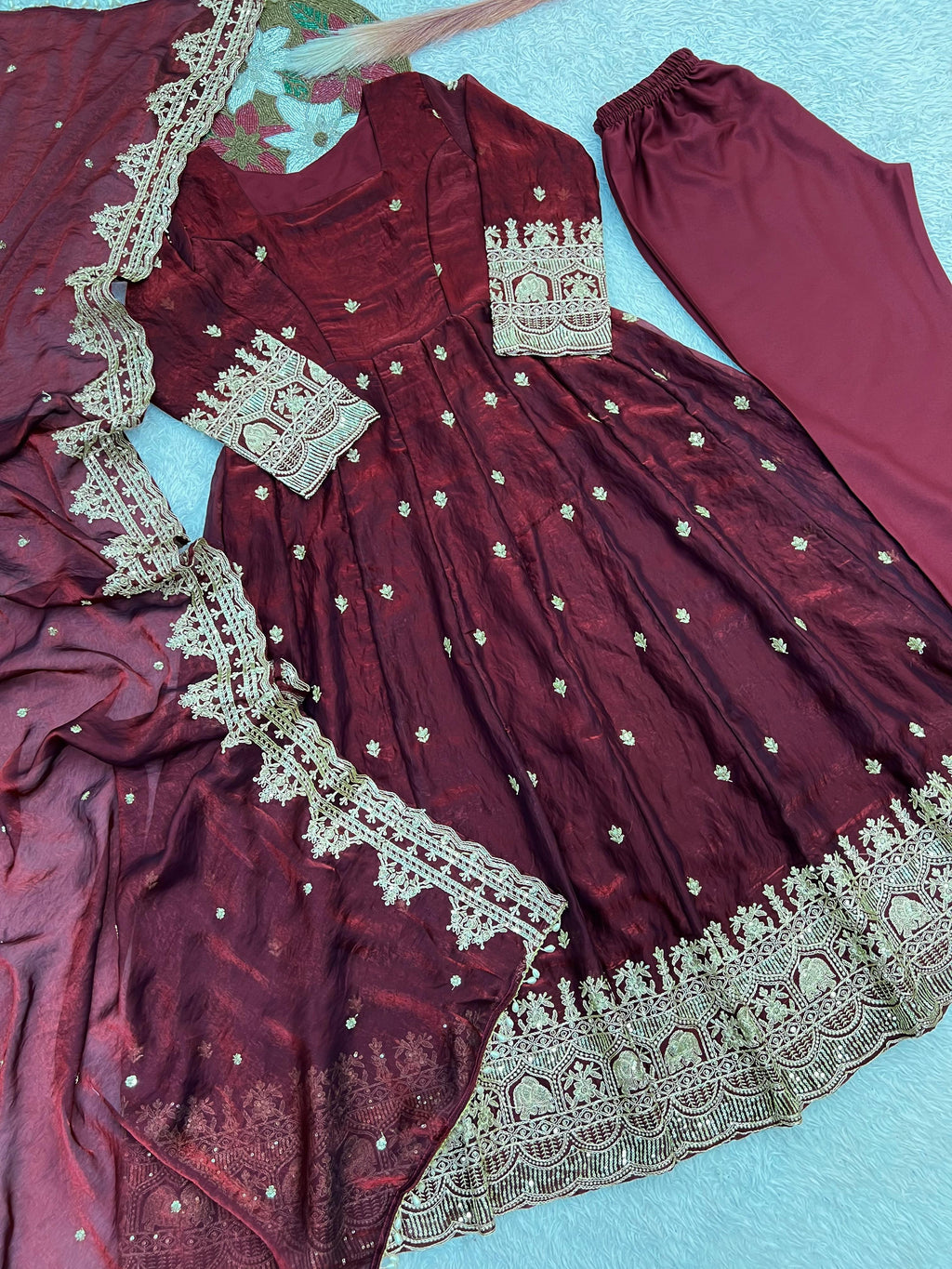 Designer Fandy Satin Silk Anarkali Suit Set For Women | Heavy Embroidery Sequence Work Party Wear Ethnic Outfit | Premium 3 Piece Gown Set