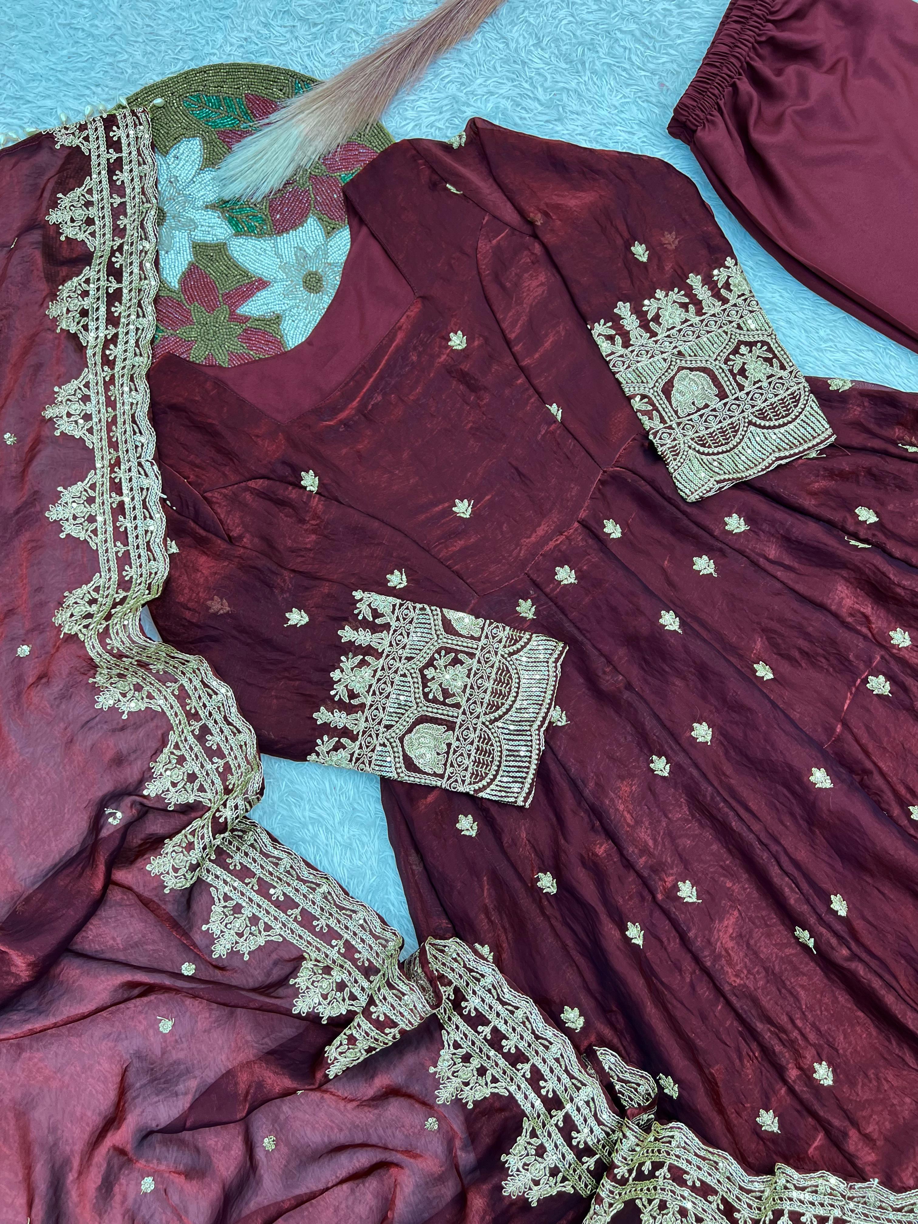 Designer Fandy Satin Silk Anarkali Suit Set For Women | Heavy Embroidery Sequence Work Party Wear Ethnic Outfit | Premium 3 Piece Gown Set