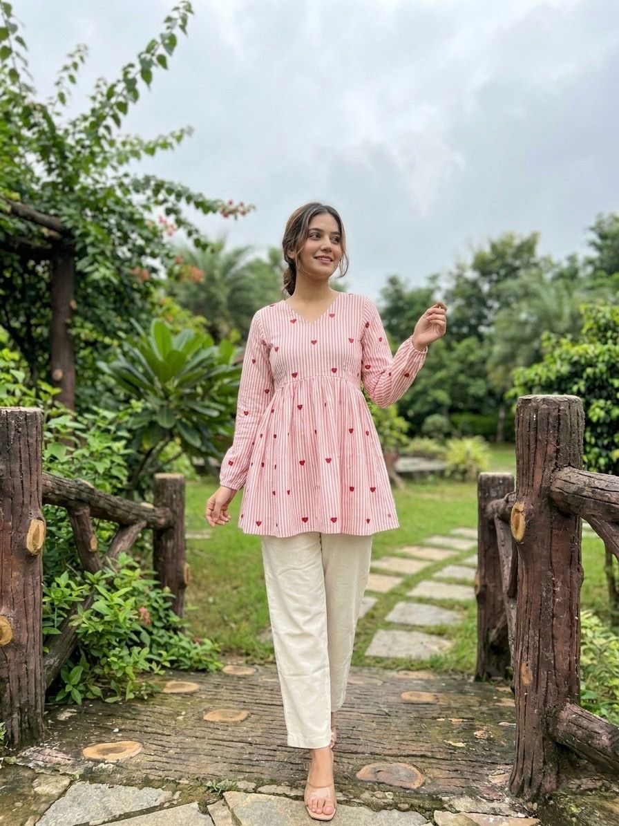 Summer Cotton Top Pant Set For Women | Heart Embroidered V Neck Coord Set | Linen Cotton Casual Daily Wear Outfit