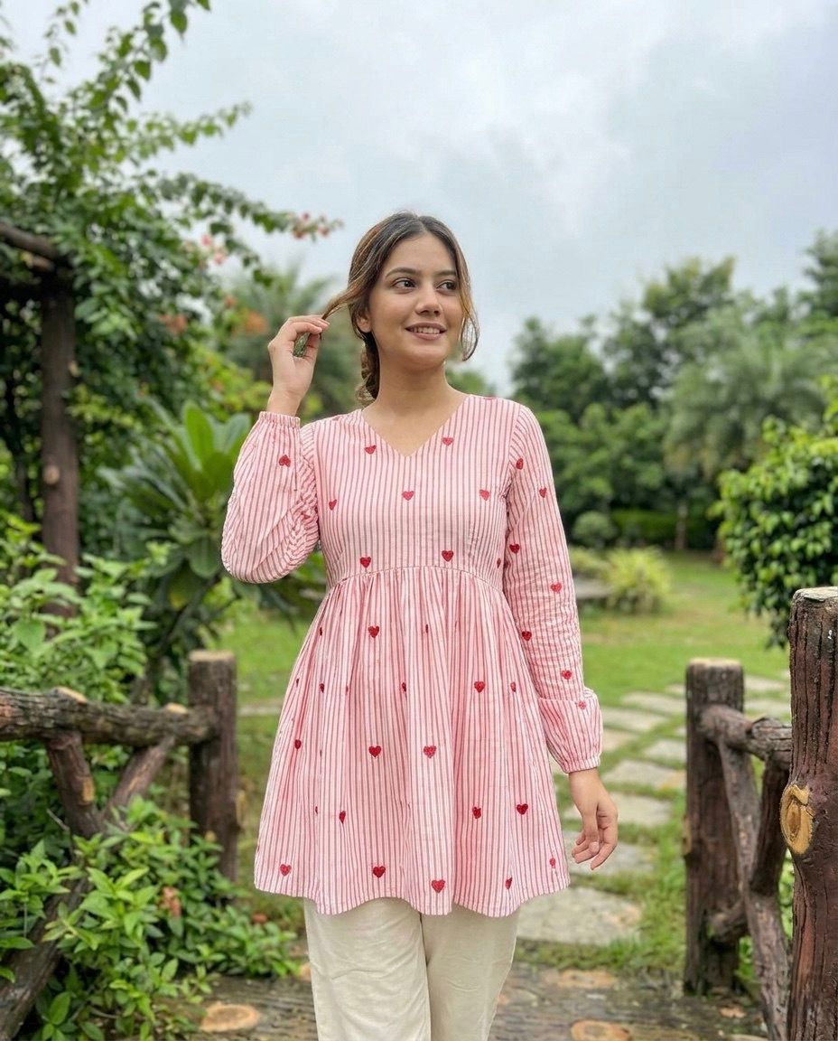 Summer Cotton Top Pant Set For Women | Heart Embroidered V Neck Coord Set | Linen Cotton Casual Daily Wear Outfit