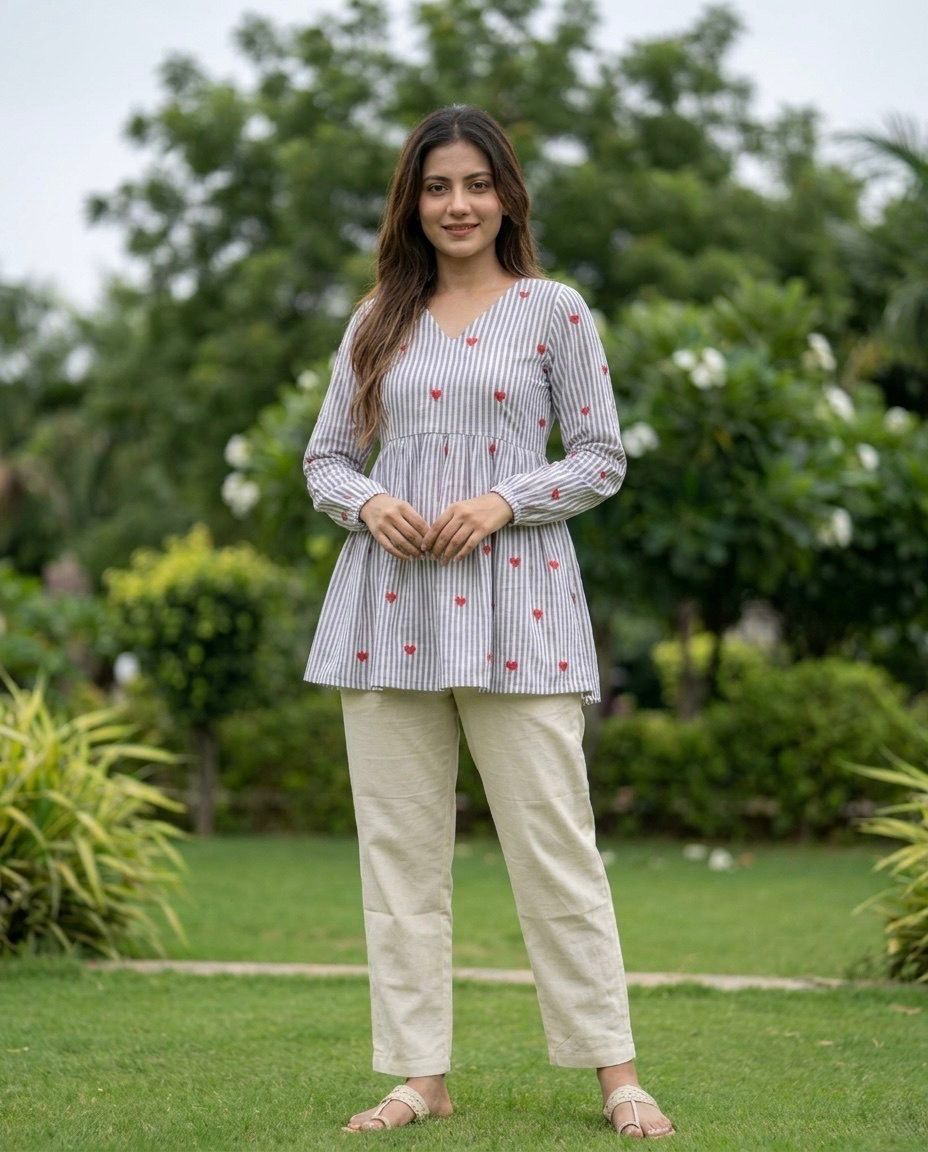 Summer Cotton Top Pant Set For Women | Heart Embroidered V Neck Coord Set | Linen Cotton Casual Daily Wear Outfit