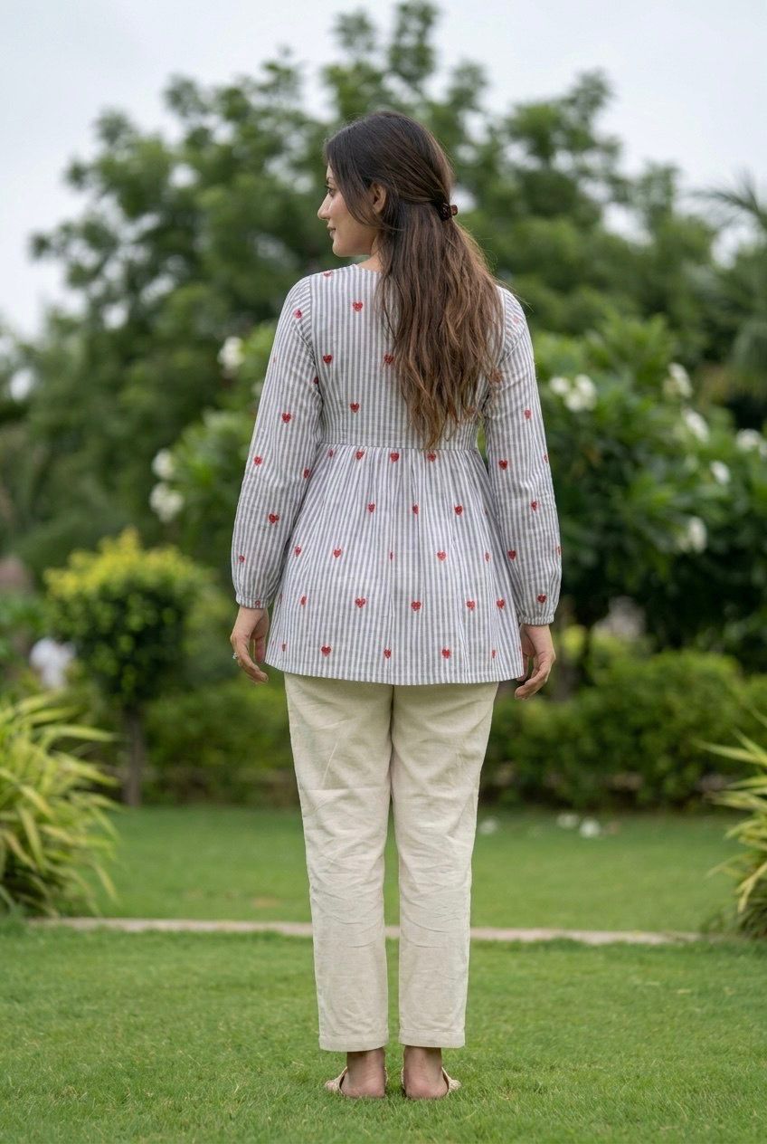 Summer Cotton Top Pant Set For Women | Heart Embroidered V Neck Coord Set | Linen Cotton Casual Daily Wear Outfit