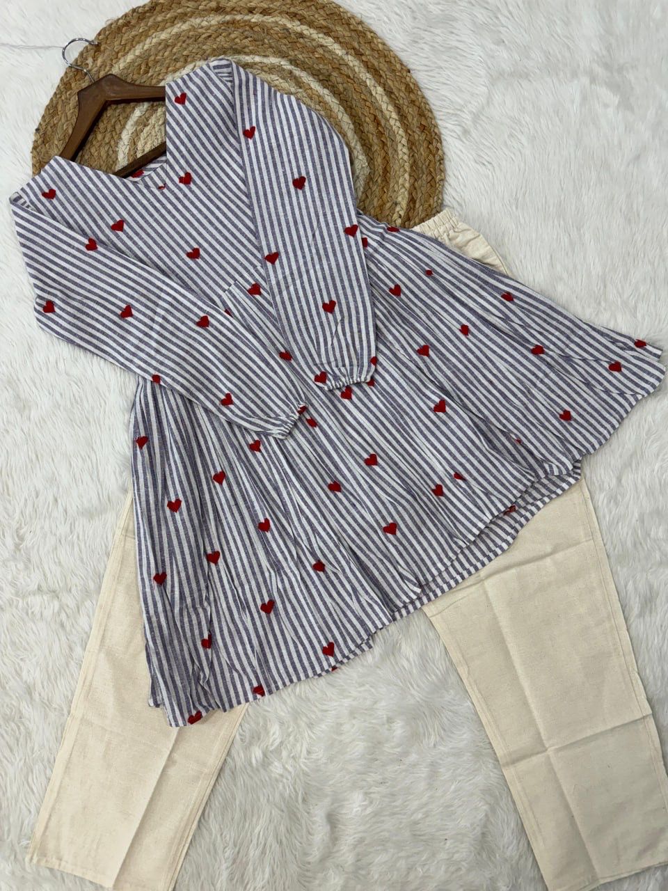 Summer Cotton Top Pant Set For Women | Heart Embroidered V Neck Coord Set | Linen Cotton Casual Daily Wear Outfit