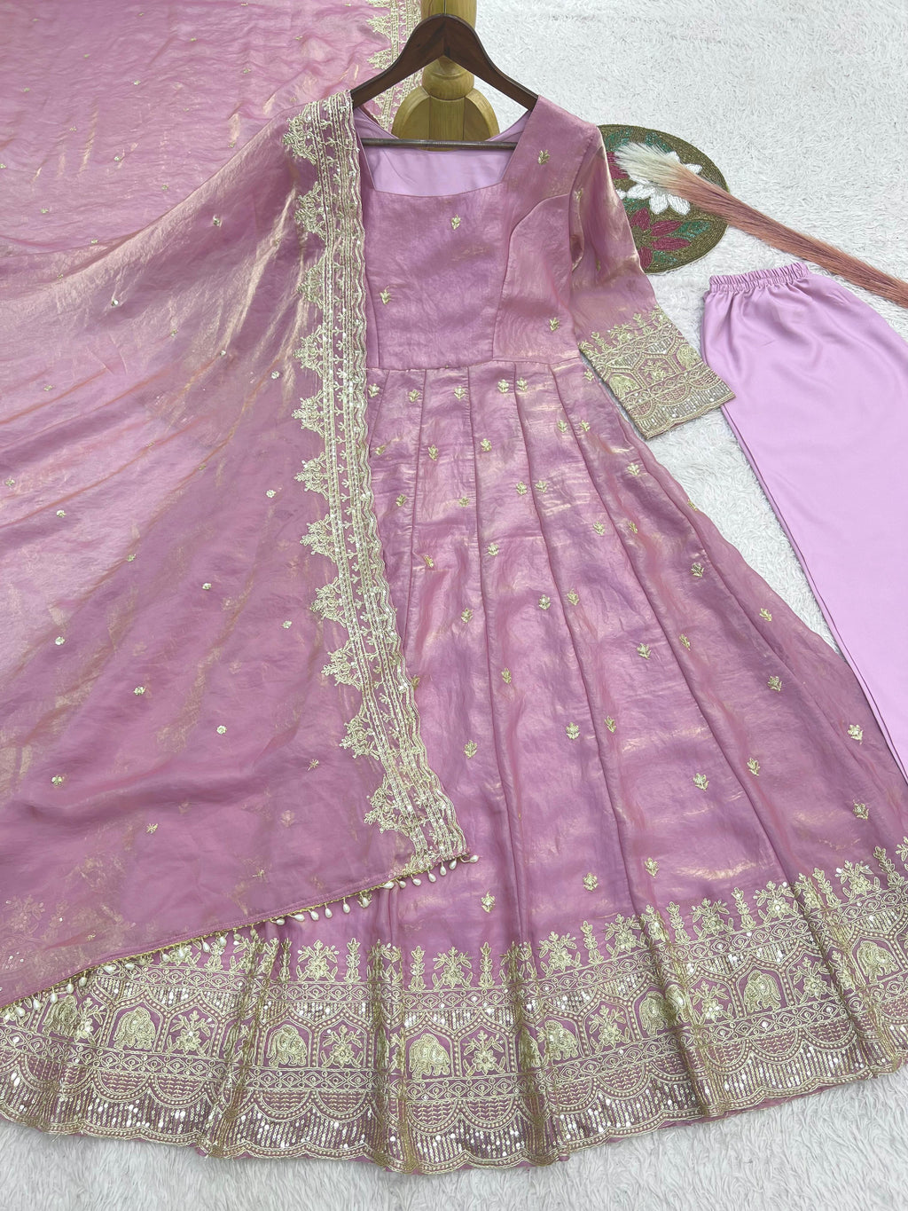 Designer Fandy Satin Silk Anarkali Suit Set For Women | Heavy Embroidery Sequence Work Party Wear Ethnic Outfit | Premium 3 Piece Gown Set