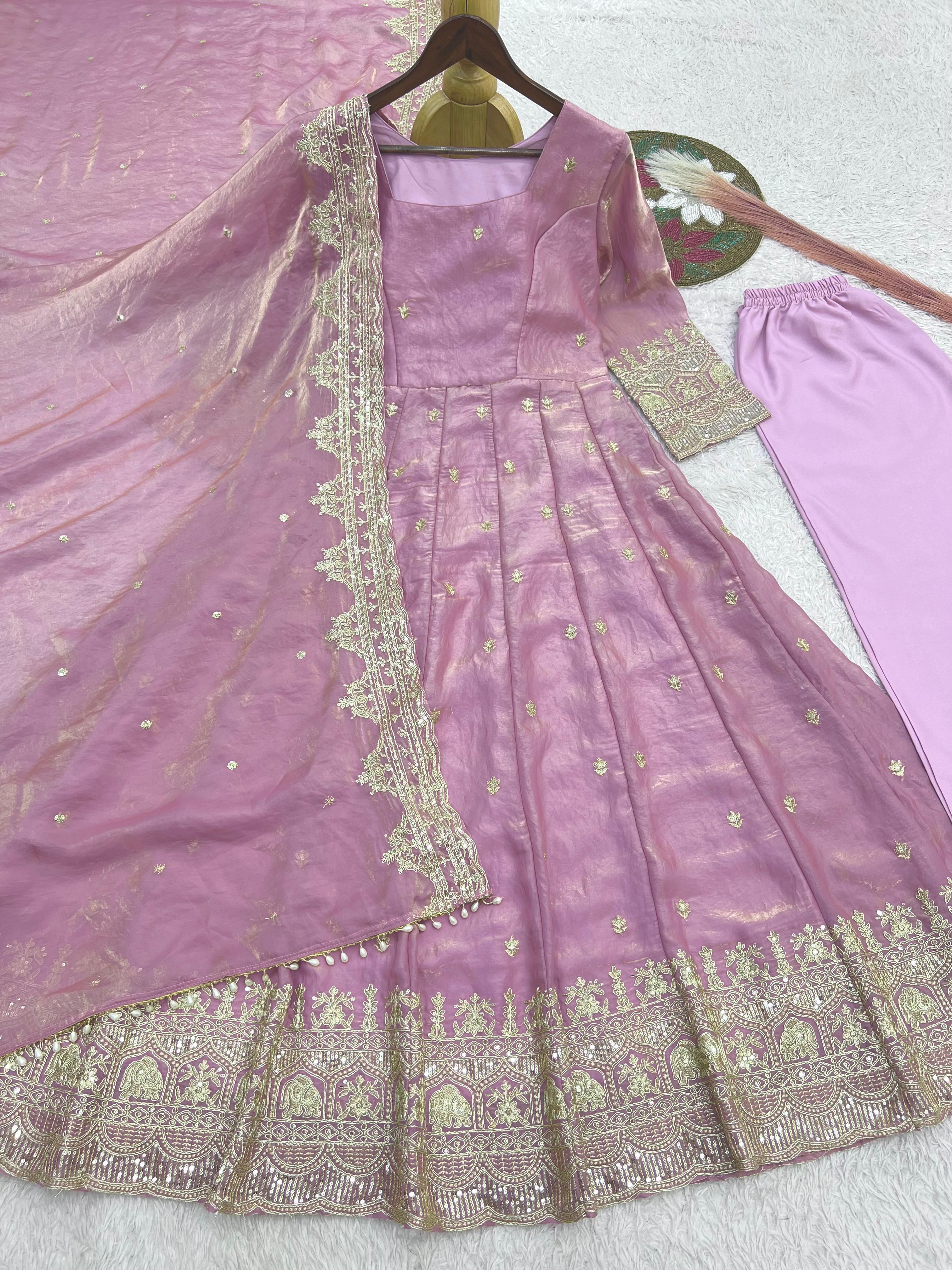 Designer Fandy Satin Silk Anarkali Suit Set For Women | Heavy Embroidery Sequence Work Party Wear Ethnic Outfit | Premium 3 Piece Gown Set