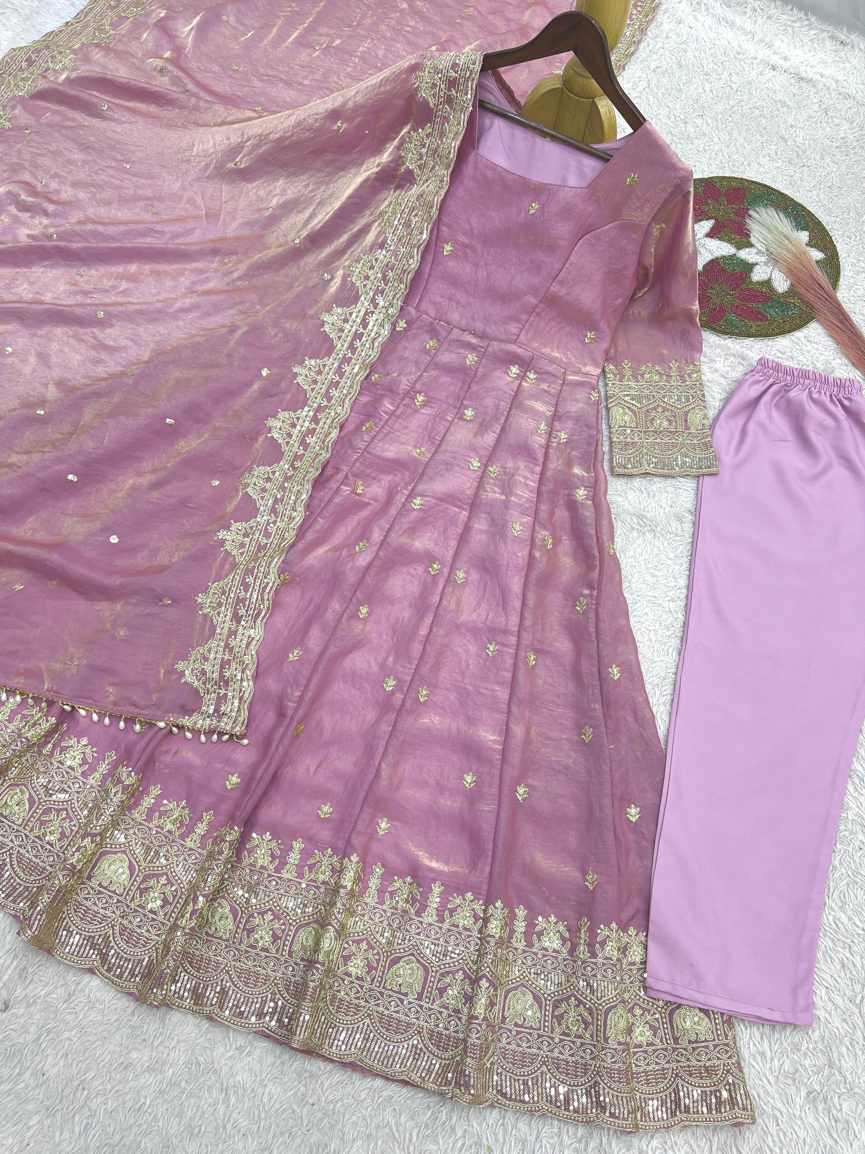 Designer Fandy Satin Silk Anarkali Suit Set For Women | Heavy Embroidery Sequence Work Party Wear Ethnic Outfit | Premium 3 Piece Gown Set