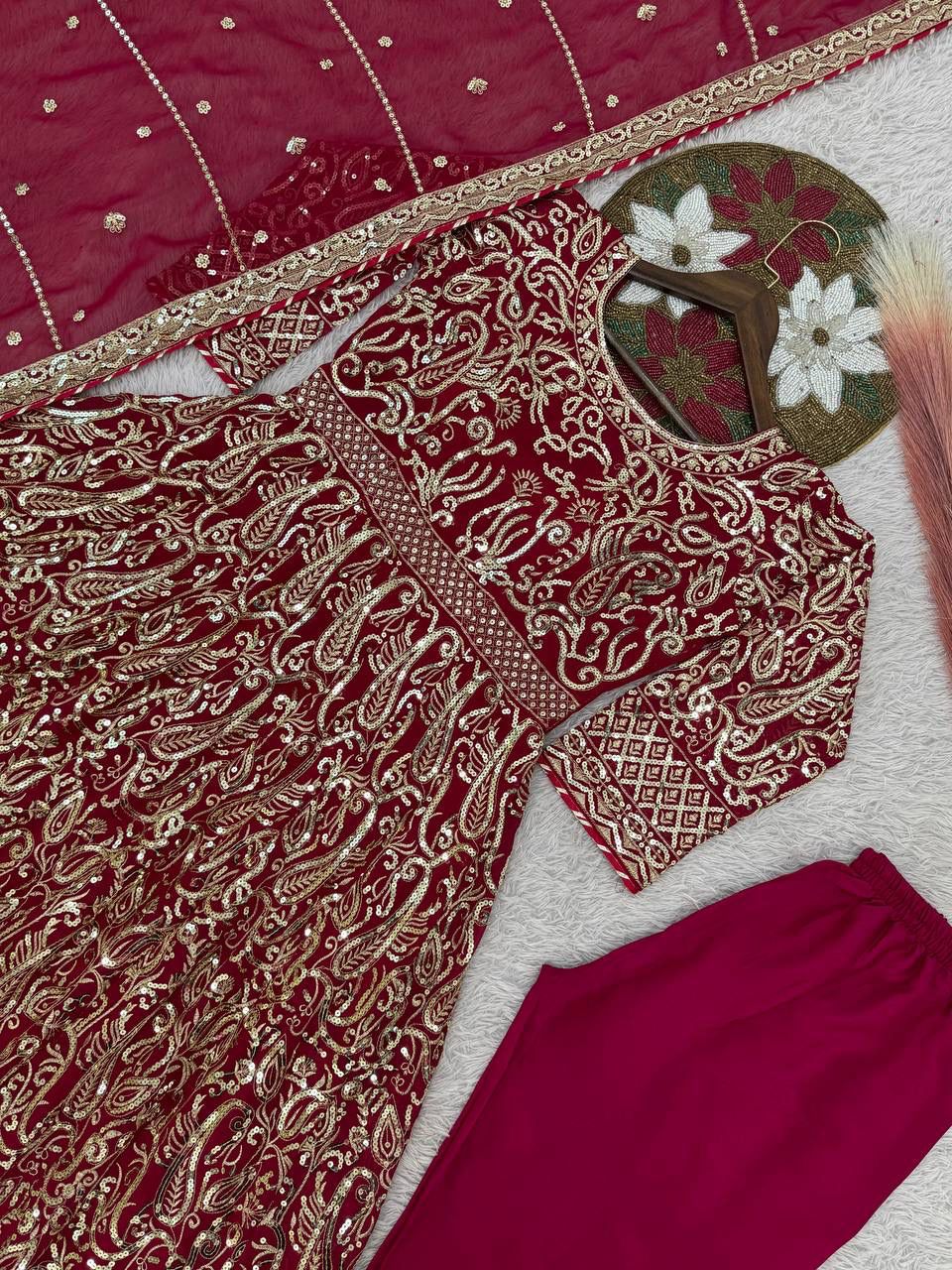 Blooming Faux Georgette Embroidered Gown Set For Women | Heavy Sequence Work Party Wear Ethnic Outfit | Designer 3 Piece Ready To Wear Suit