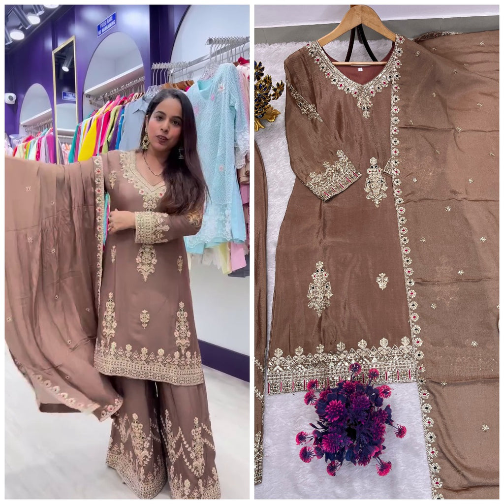 Festival Special Chinon Silk Palazzo Suit Set For Women | Heavy Sequence Embroidered Designer Ethnic Outfit | Premium Party Wear Dupatta Set