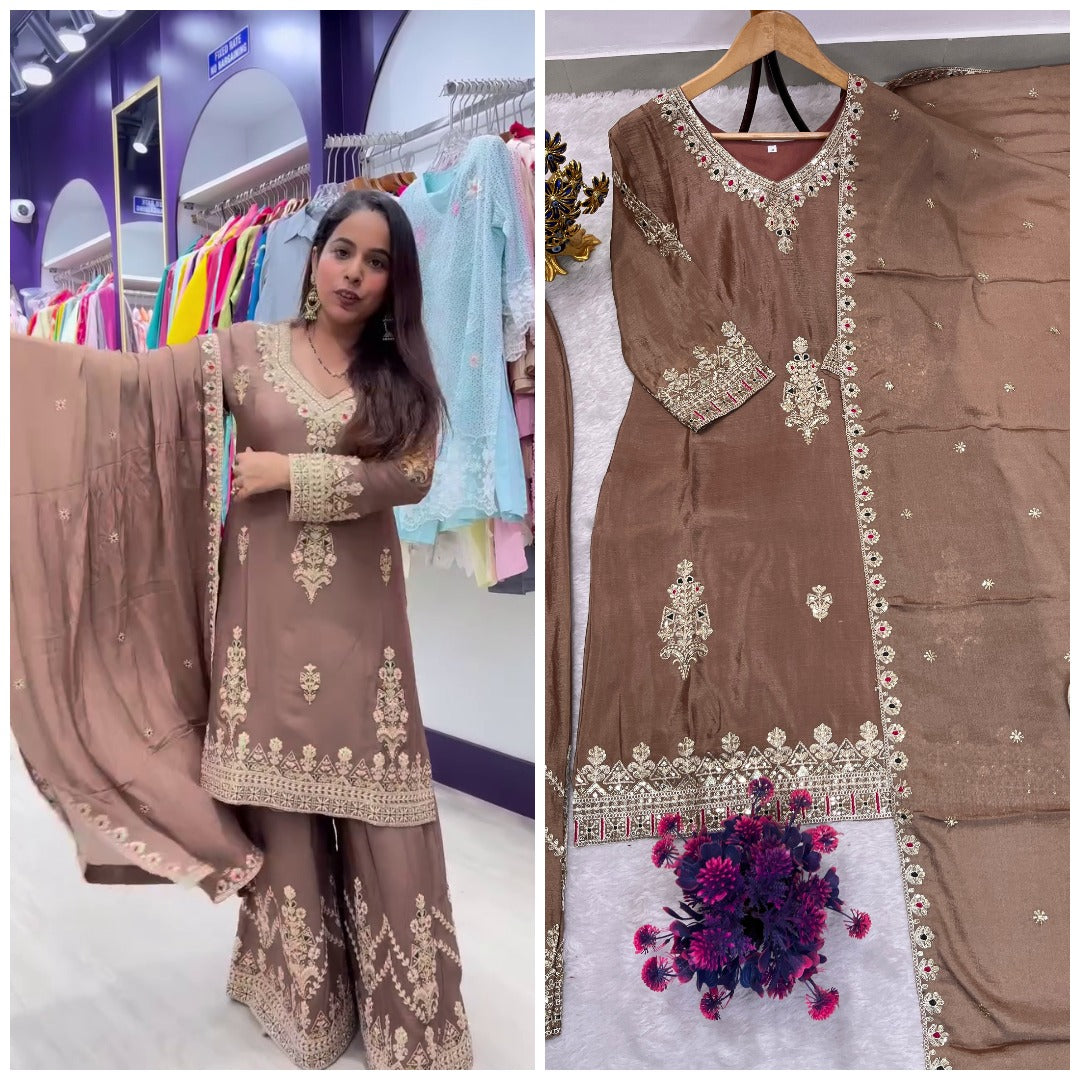 Festival Special Chinon Silk Palazzo Suit Set For Women | Heavy Sequence Embroidered Designer Ethnic Outfit | Premium Party Wear Dupatta Set