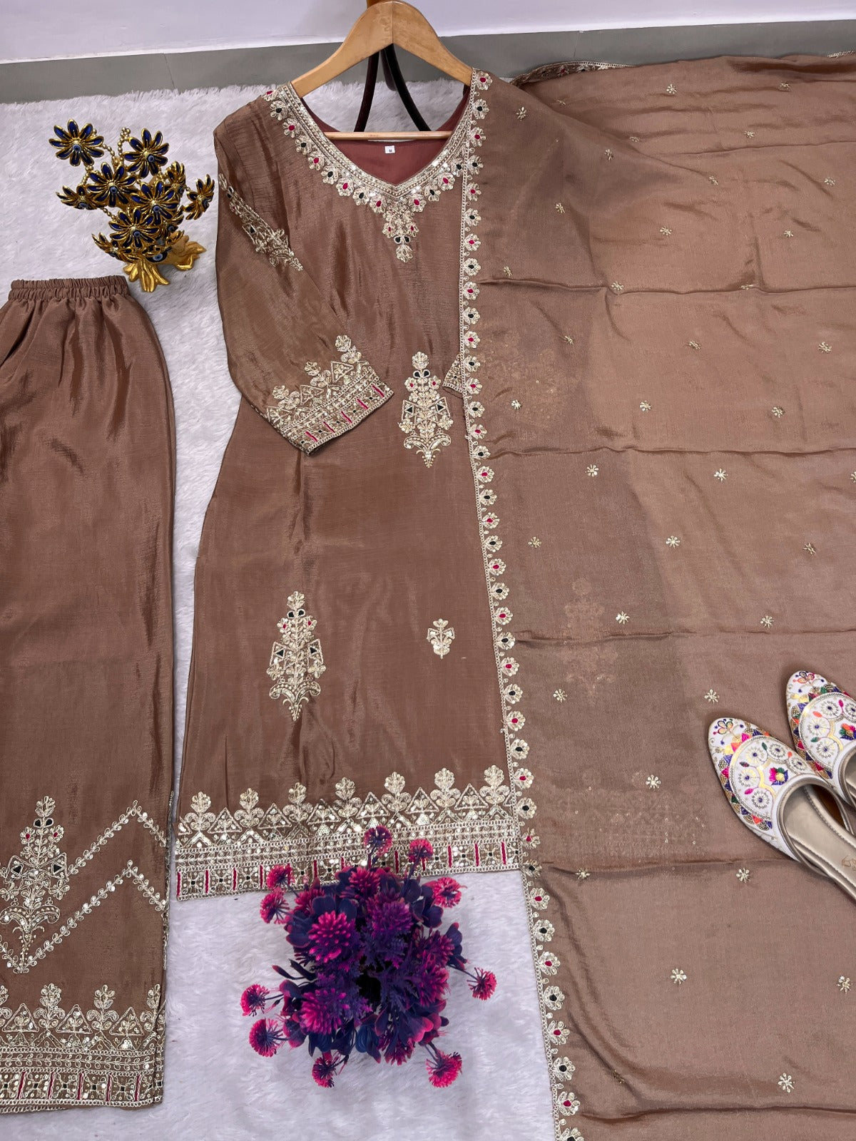 Festival Special Chinon Silk Palazzo Suit Set For Women | Heavy Sequence Embroidered Designer Ethnic Outfit | Premium Party Wear Dupatta Set