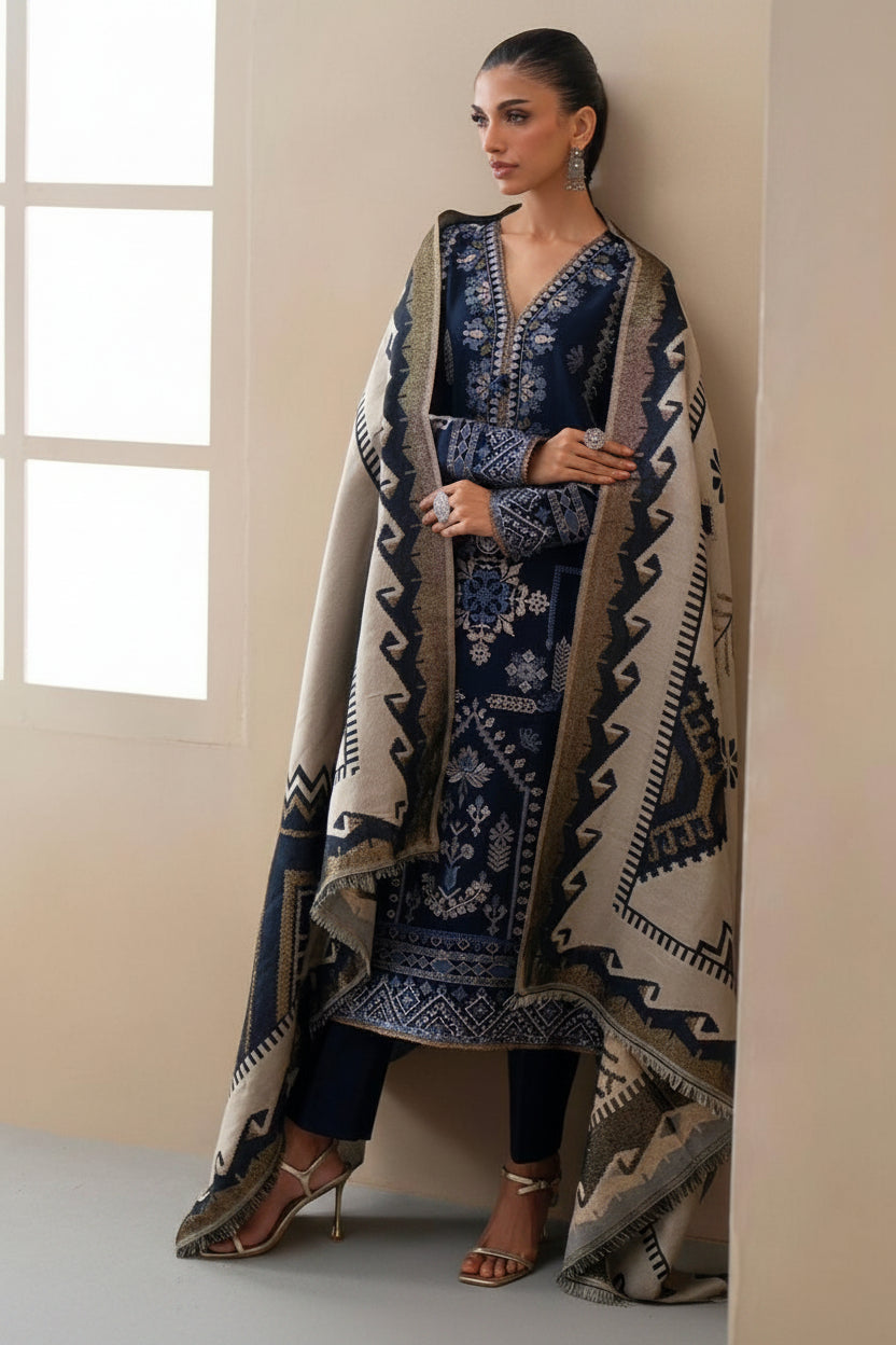 Woman wearing a patterned outfit with a large scarf in a minimalistic setting