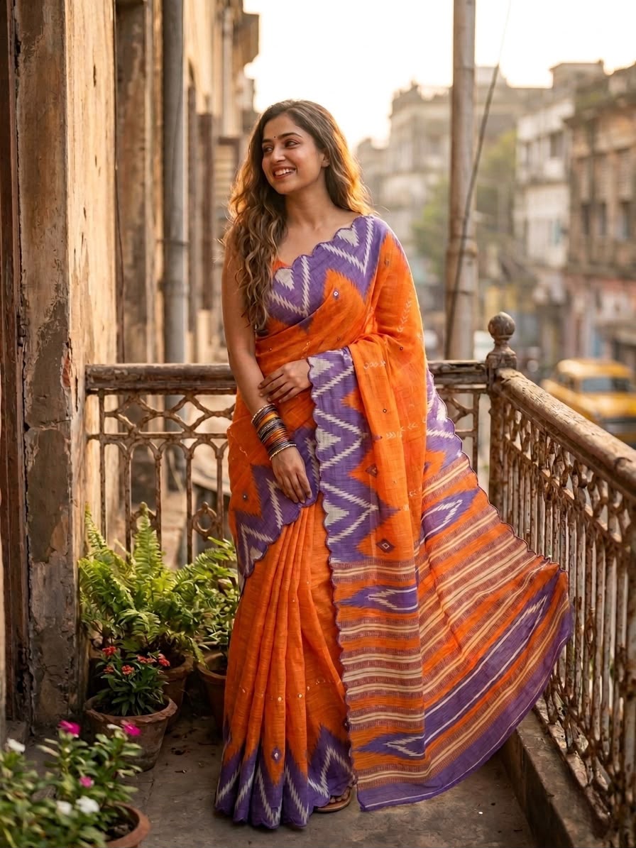 Soft Linen Cotton Digital Print Saree with Aari Work & Foil Mirror Border