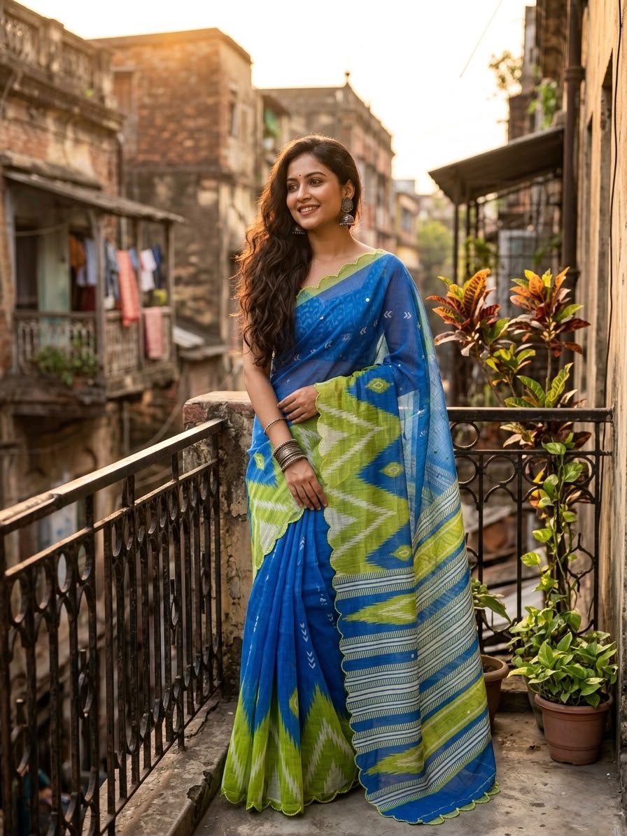 Soft Linen Cotton Digital Print Saree with Aari Work & Foil Mirror Border
