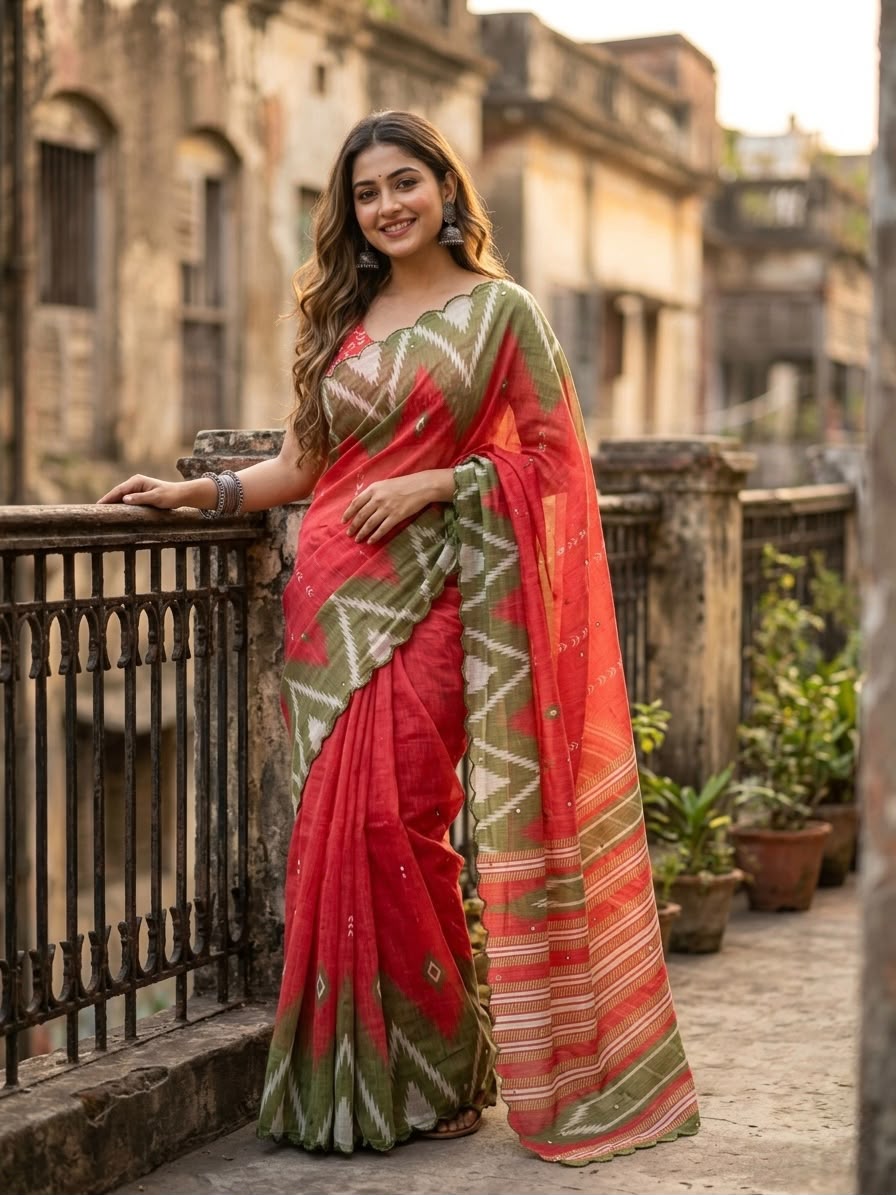 Soft Linen Cotton Digital Print Saree with Aari Work & Foil Mirror Border