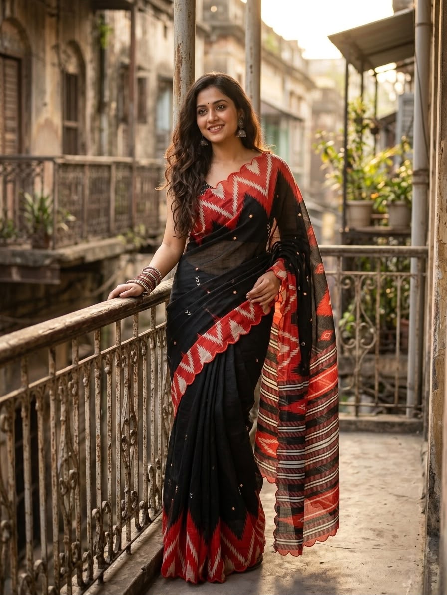 Soft Linen Cotton Digital Print Saree with Aari Work & Foil Mirror Border