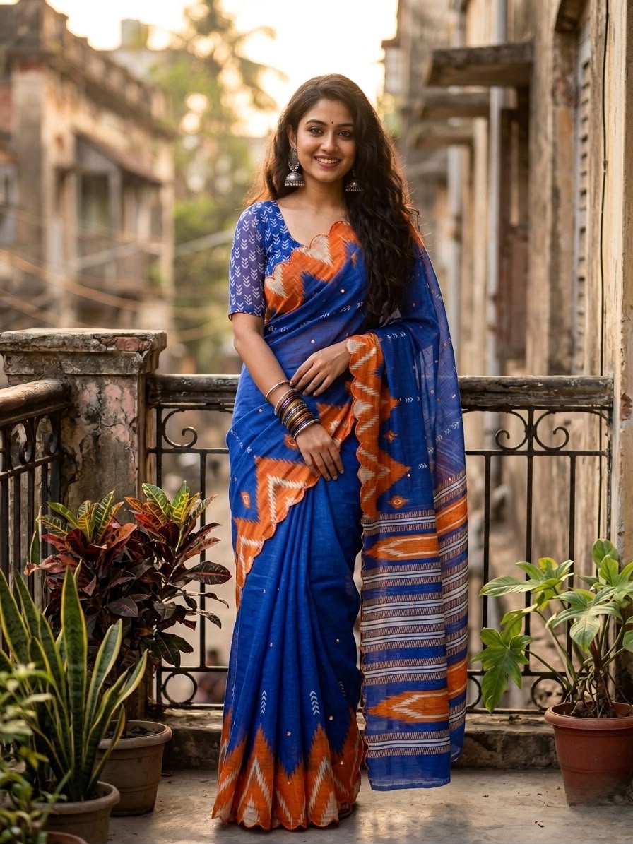 Soft Linen Cotton Digital Print Saree with Aari Work & Foil Mirror Border