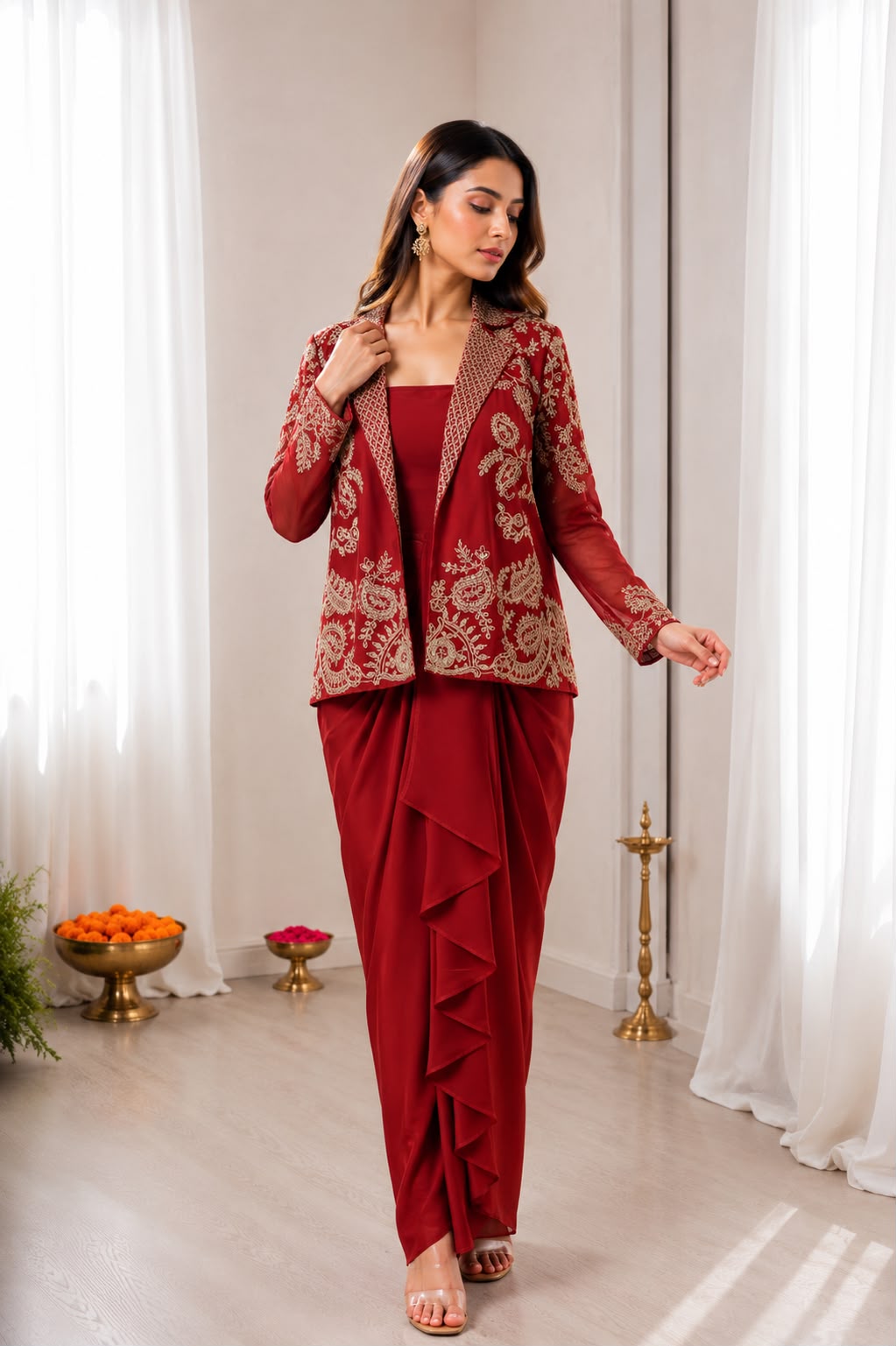 BB-61 Premium Koti with Dhoti Lehenga Set – Heavy Rangoli Silk