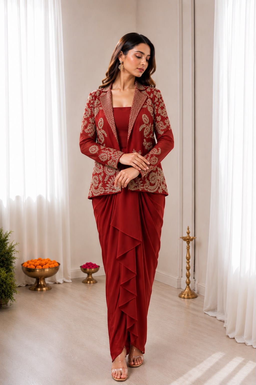 BB-61 Premium Koti with Dhoti Lehenga Set – Heavy Rangoli Silk