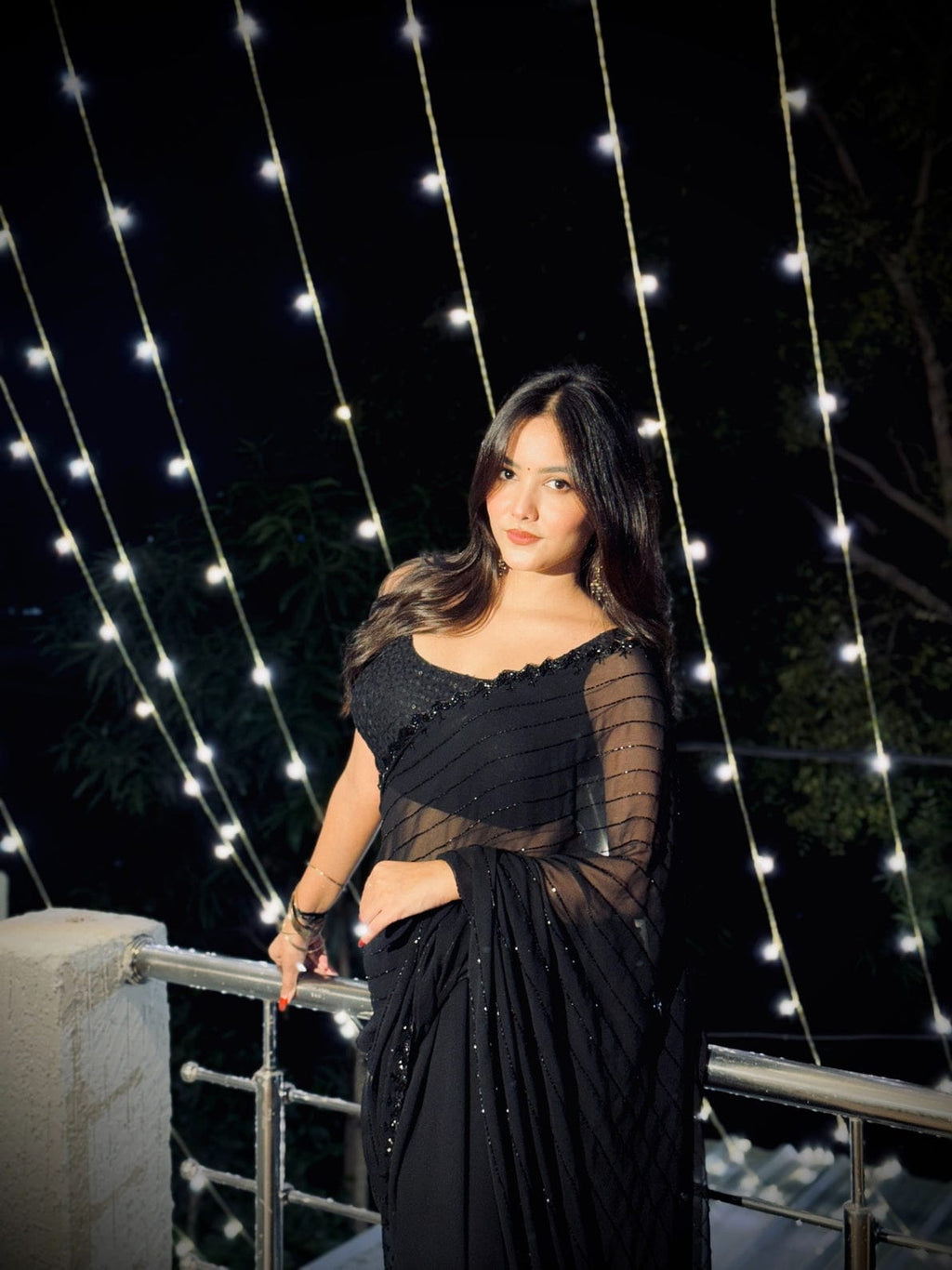 HIYA Pure Fox Georgette Saree with Black Beads Work & Designer Blouse