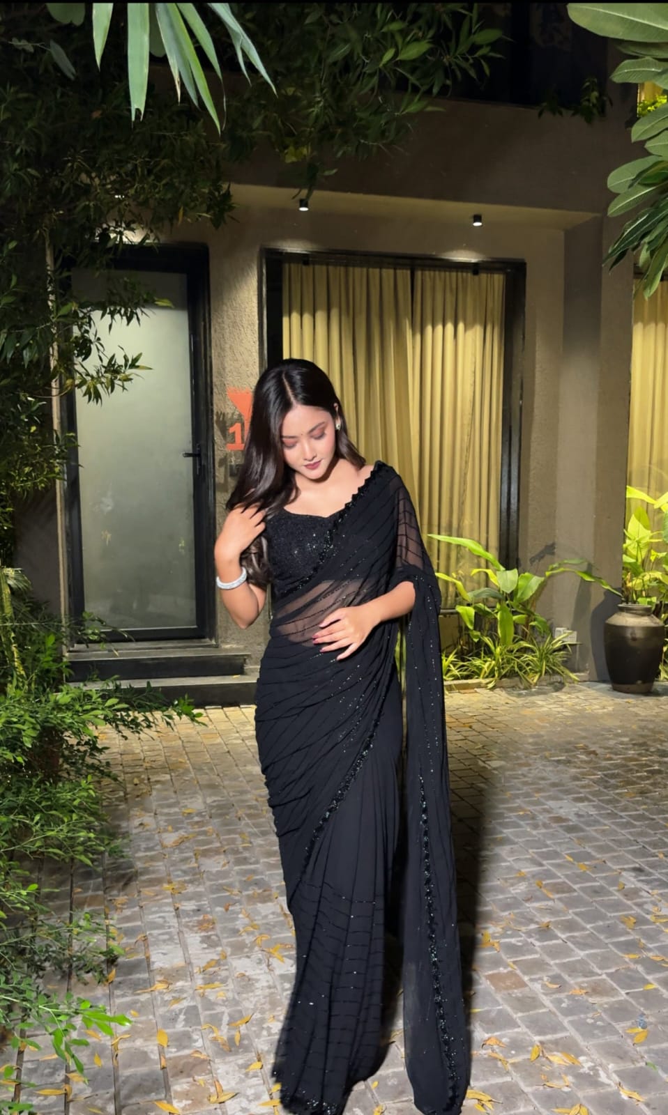 HIYA Pure Fox Georgette Saree with Black Beads Work & Designer Blouse