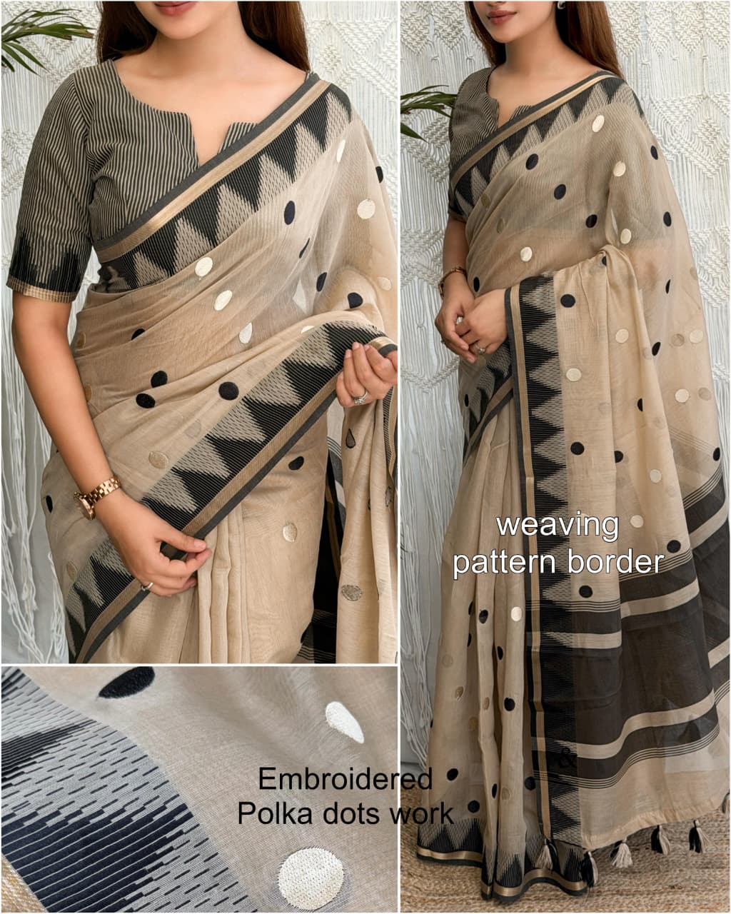 Retro Polka Modal Cotton Saree with Embroidered Polka Dots & Striped Blouse