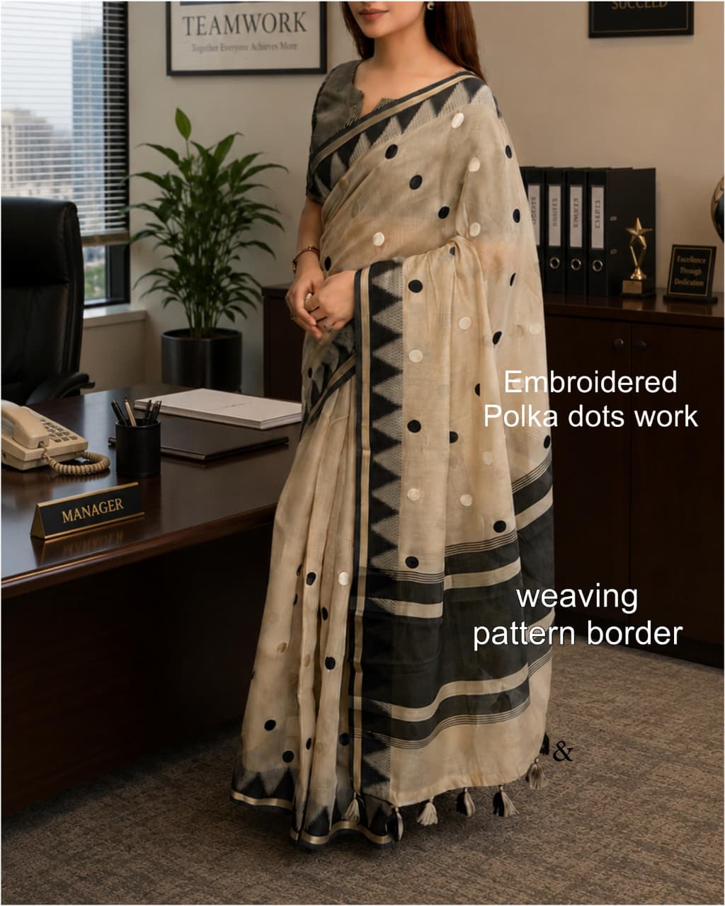 Retro Polka Modal Cotton Saree with Embroidered Polka Dots & Striped Blouse