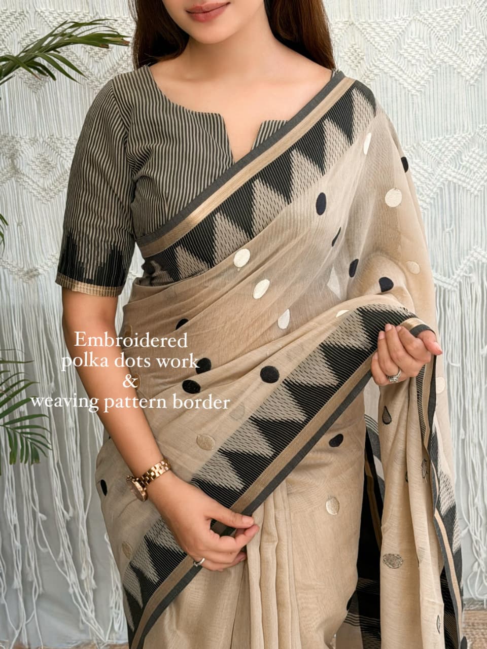 Retro Polka Modal Cotton Saree with Embroidered Polka Dots & Striped Blouse