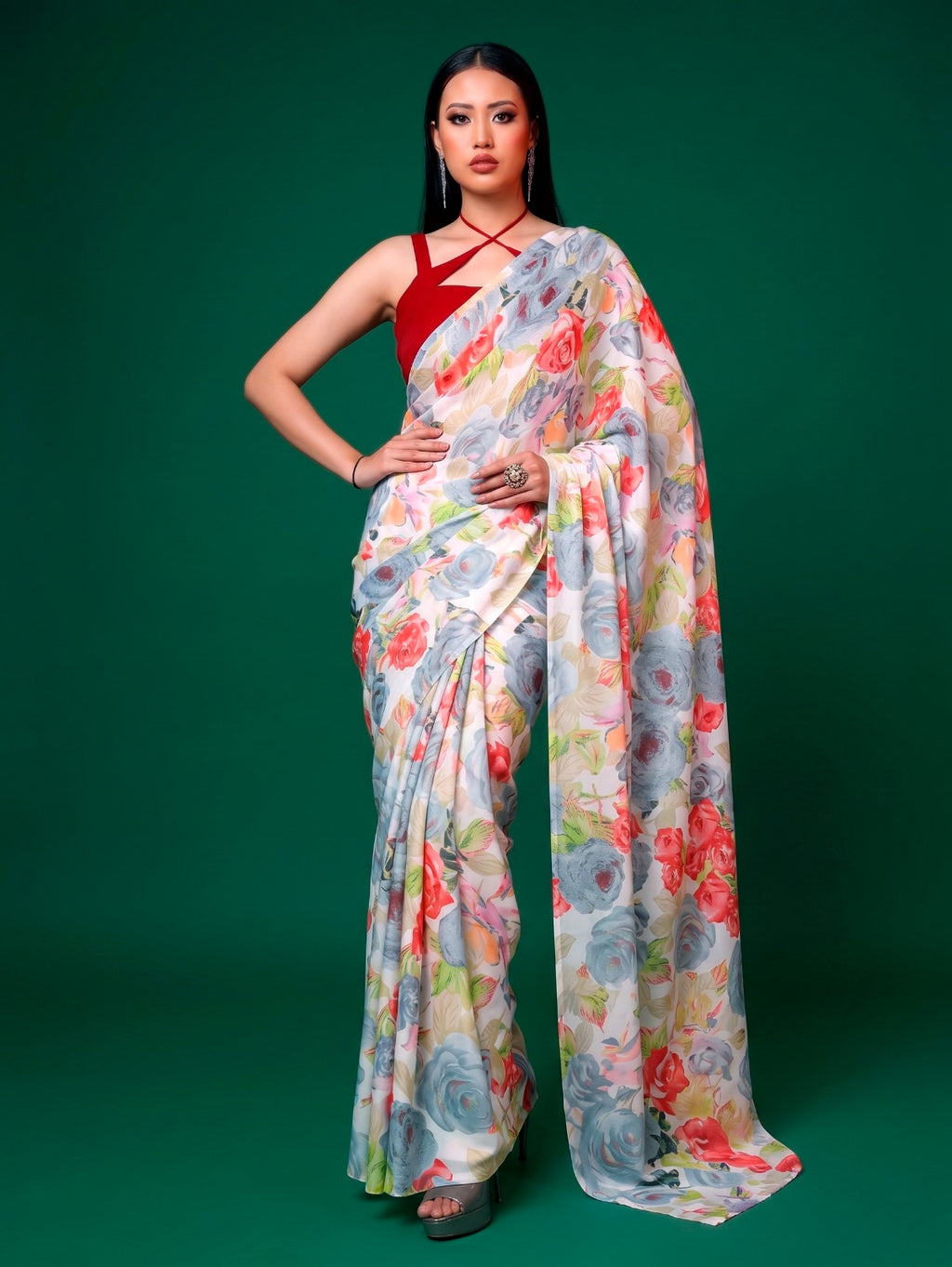 Floral Print Dull Satin Saree with Moonga Silk Blouse