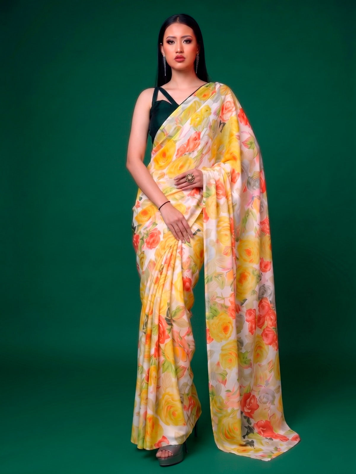 Floral Print Dull Satin Saree with Moonga Silk Blouse
