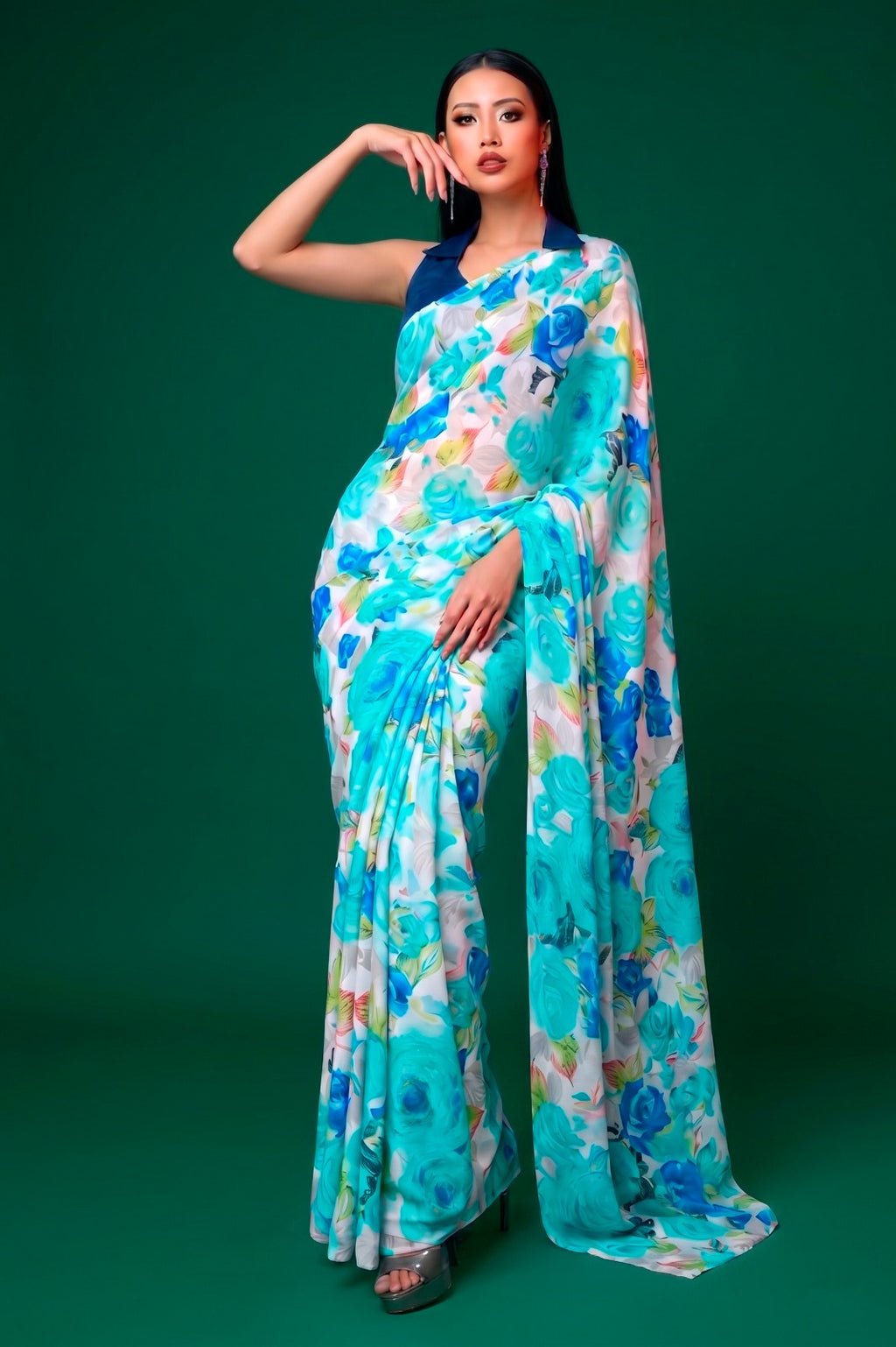 Floral Print Dull Satin Saree with Moonga Silk Blouse