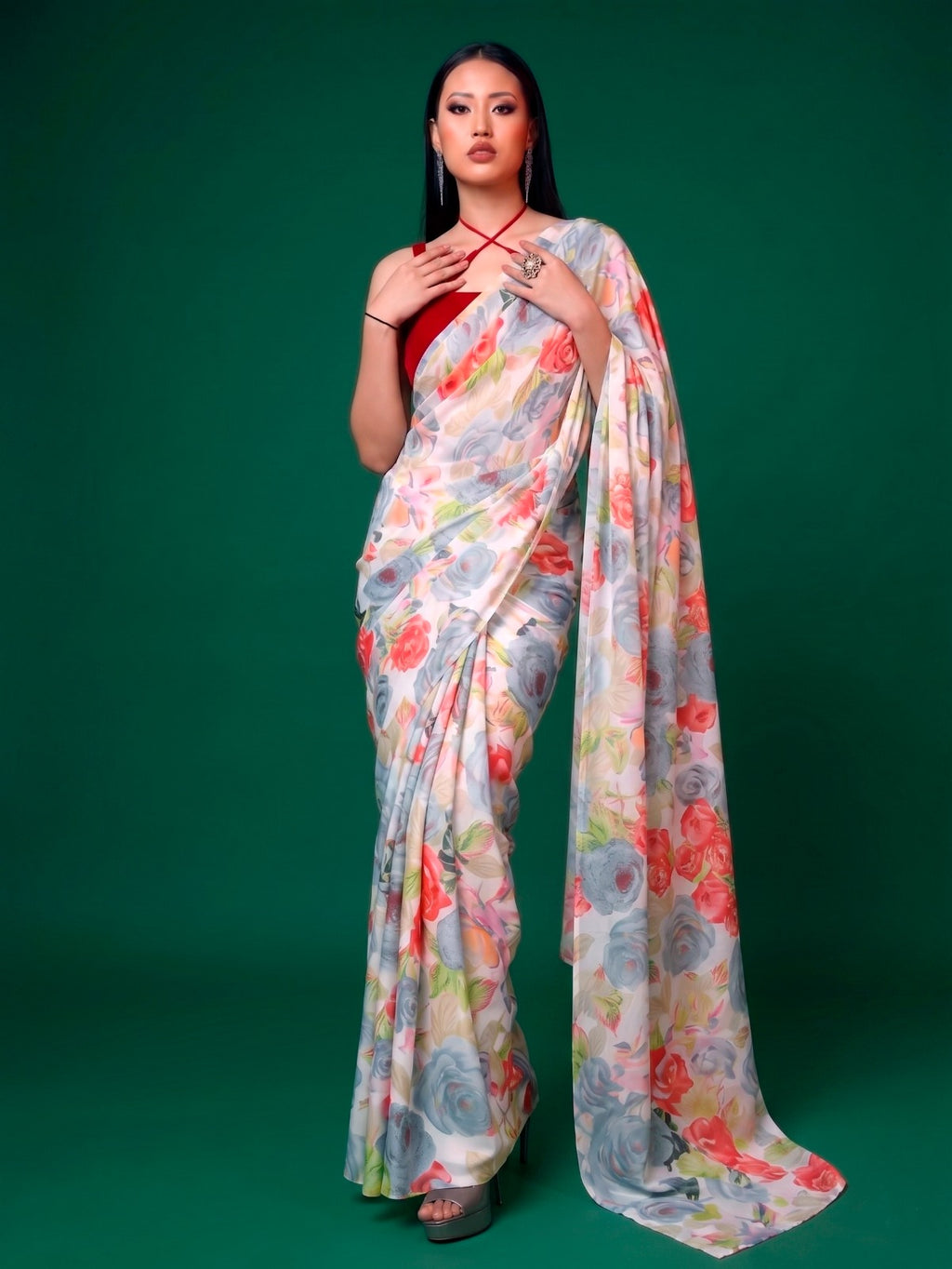 Floral Print Dull Satin Saree with Moonga Silk Blouse