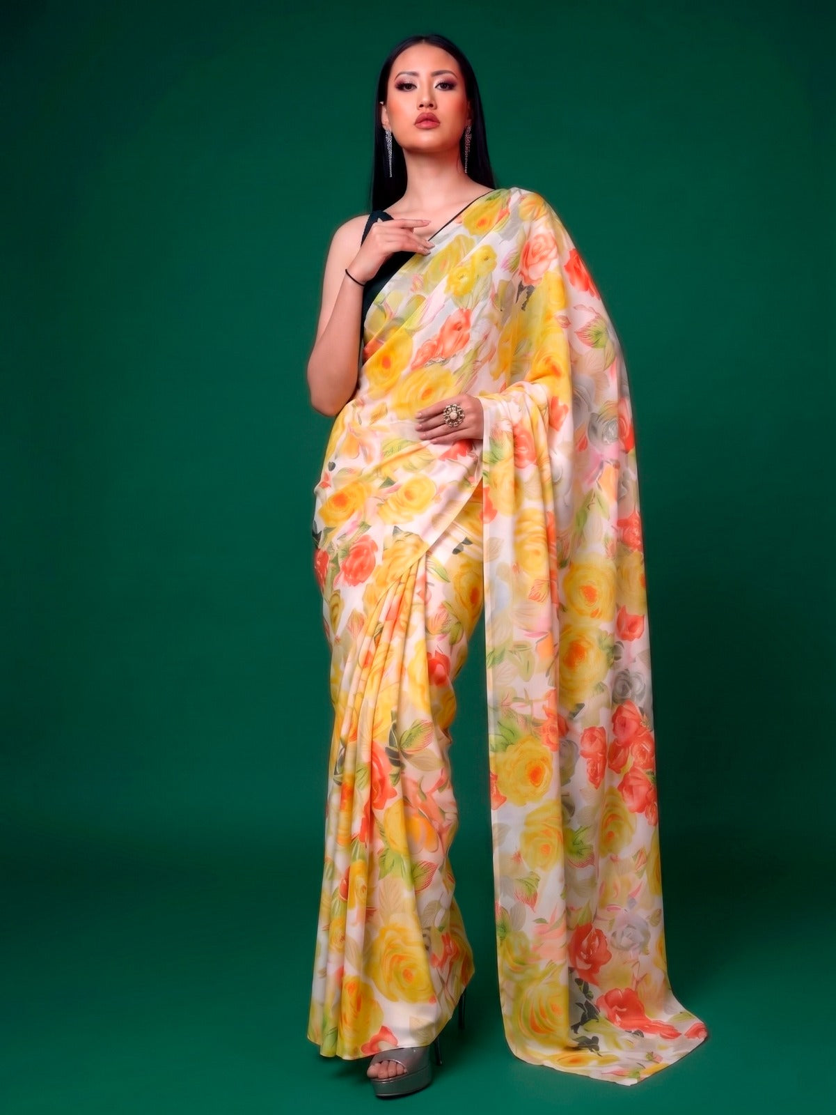 Floral Print Dull Satin Saree with Moonga Silk Blouse