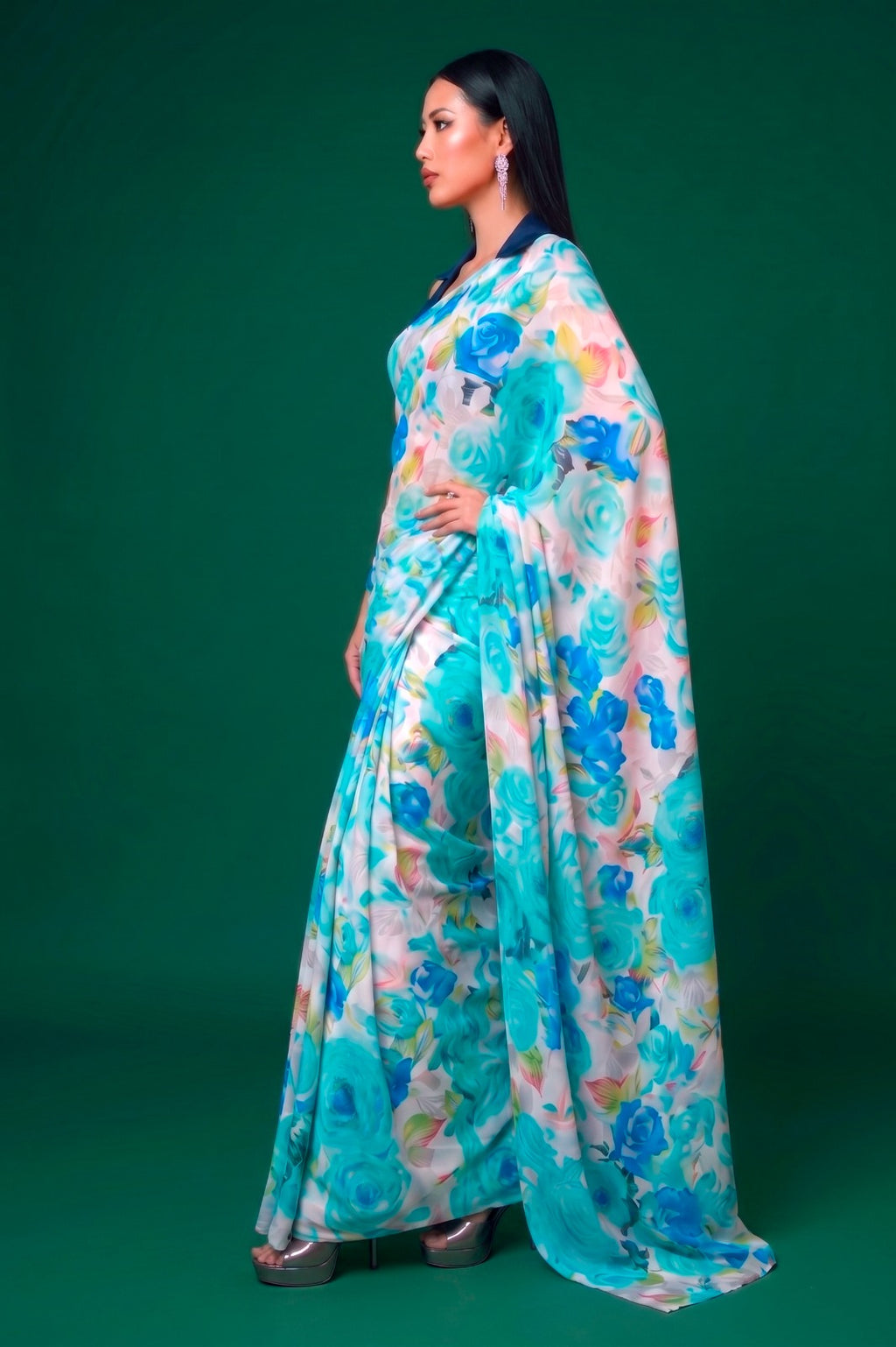Floral Print Dull Satin Saree with Moonga Silk Blouse