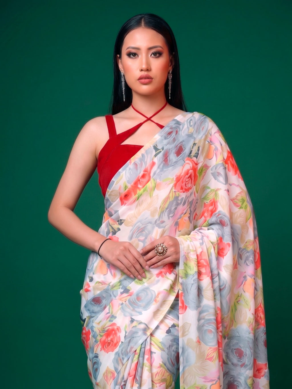 Floral Print Dull Satin Saree with Moonga Silk Blouse