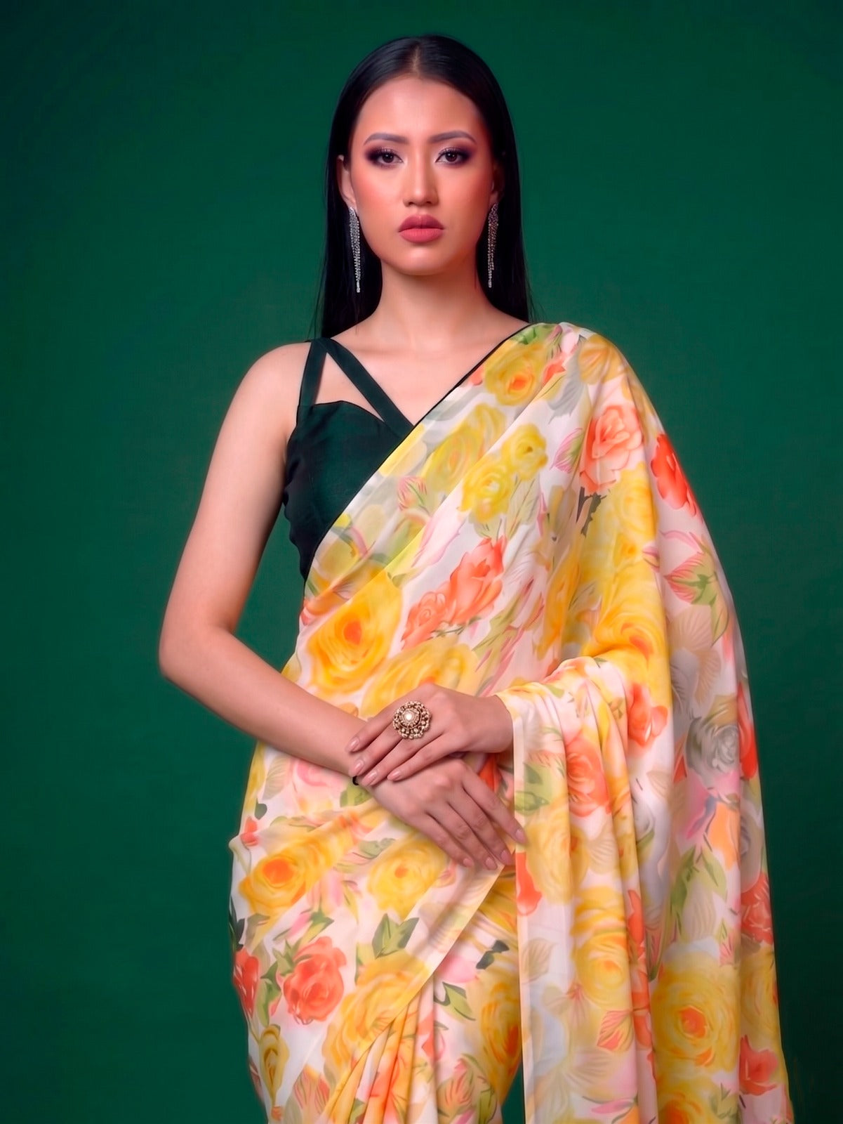 Floral Print Dull Satin Saree with Moonga Silk Blouse