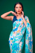 Floral Print Dull Satin Saree with Moonga Silk Blouse