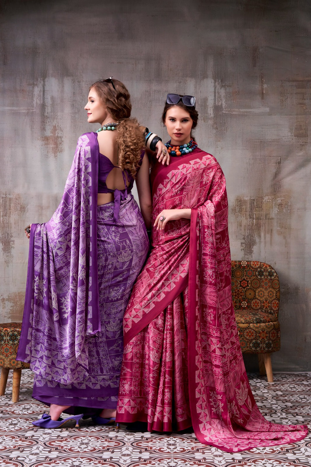 Model Silk Digital Print Saree with Matching Printed Blouse