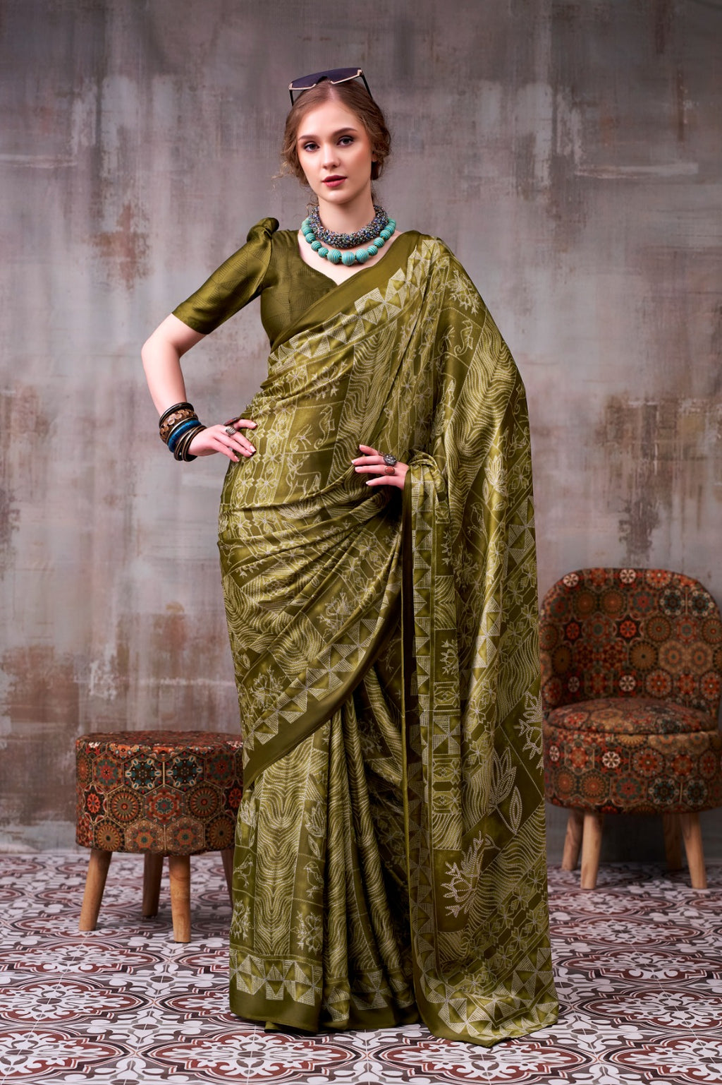 Model Silk Digital Print Saree with Matching Printed Blouse