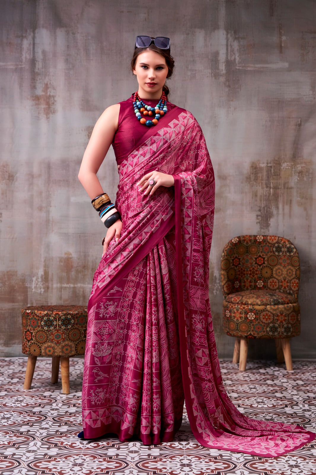 Model Silk Digital Print Saree with Matching Printed Blouse