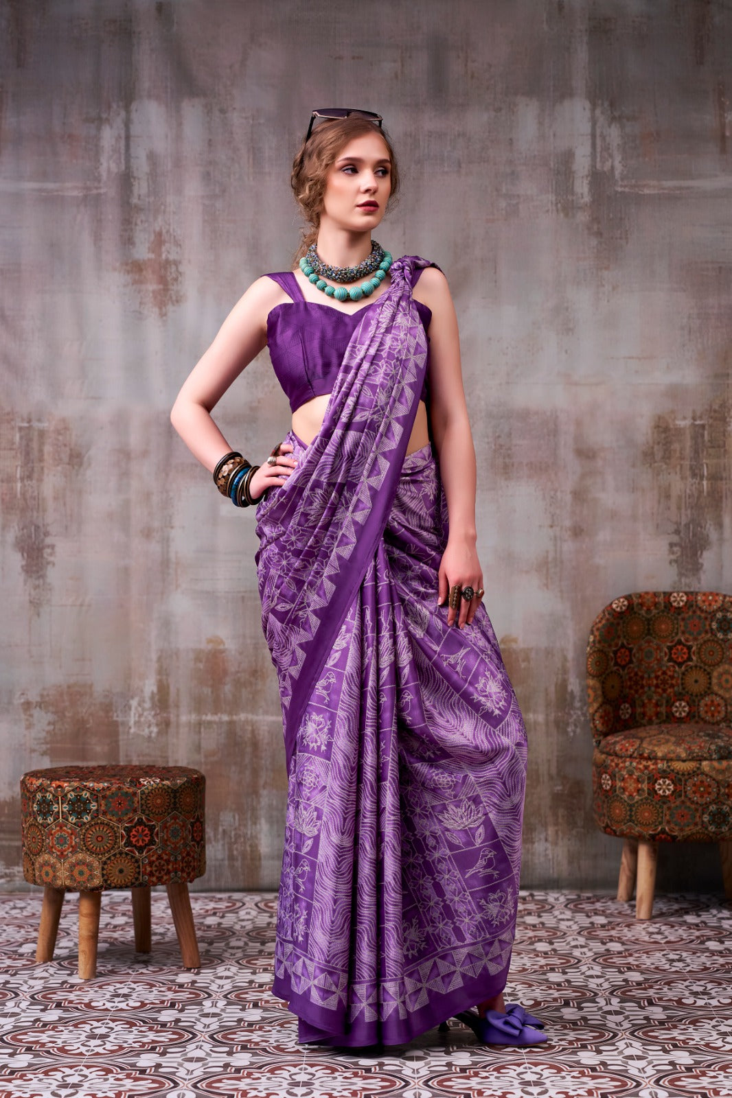 Model Silk Digital Print Saree with Matching Printed Blouse