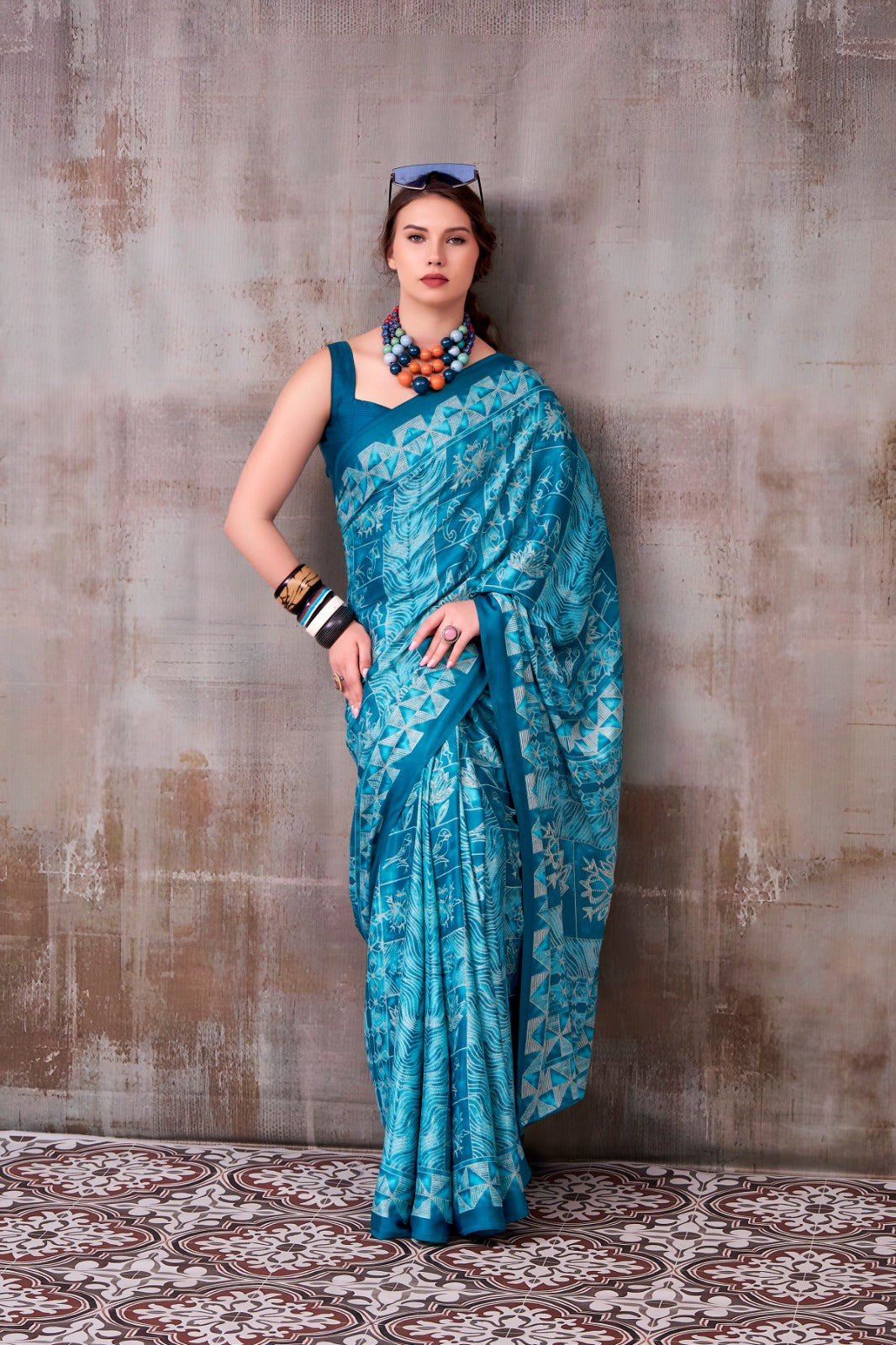 Model Silk Digital Print Saree with Matching Printed Blouse
