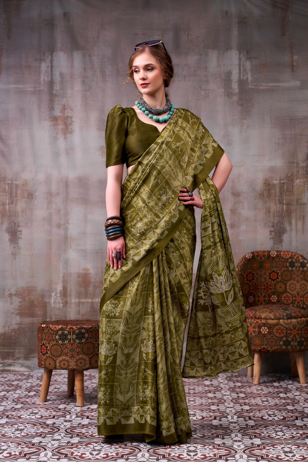 Model Silk Digital Print Saree with Matching Printed Blouse