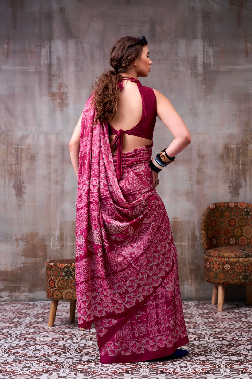 Model Silk Digital Print Saree with Matching Printed Blouse