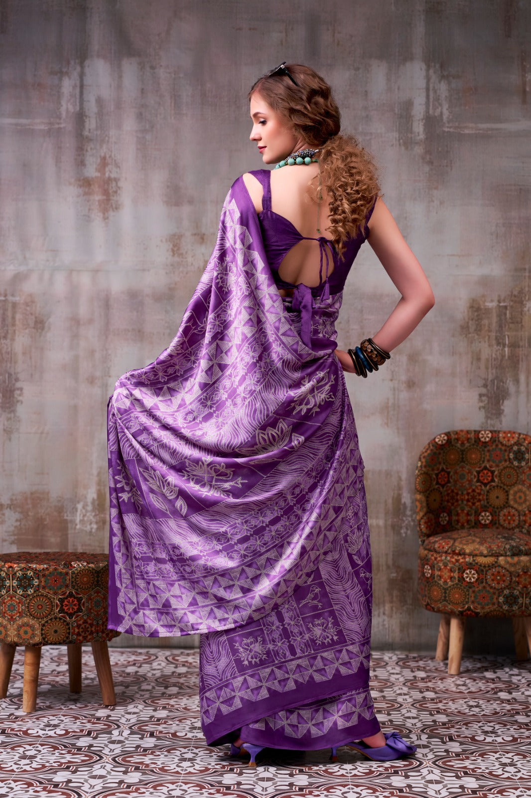 Model Silk Digital Print Saree with Matching Printed Blouse