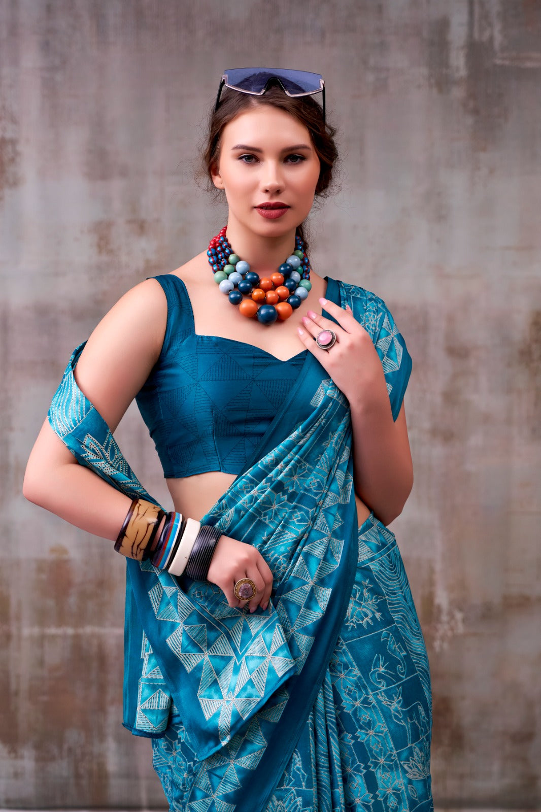 Model Silk Digital Print Saree with Matching Printed Blouse