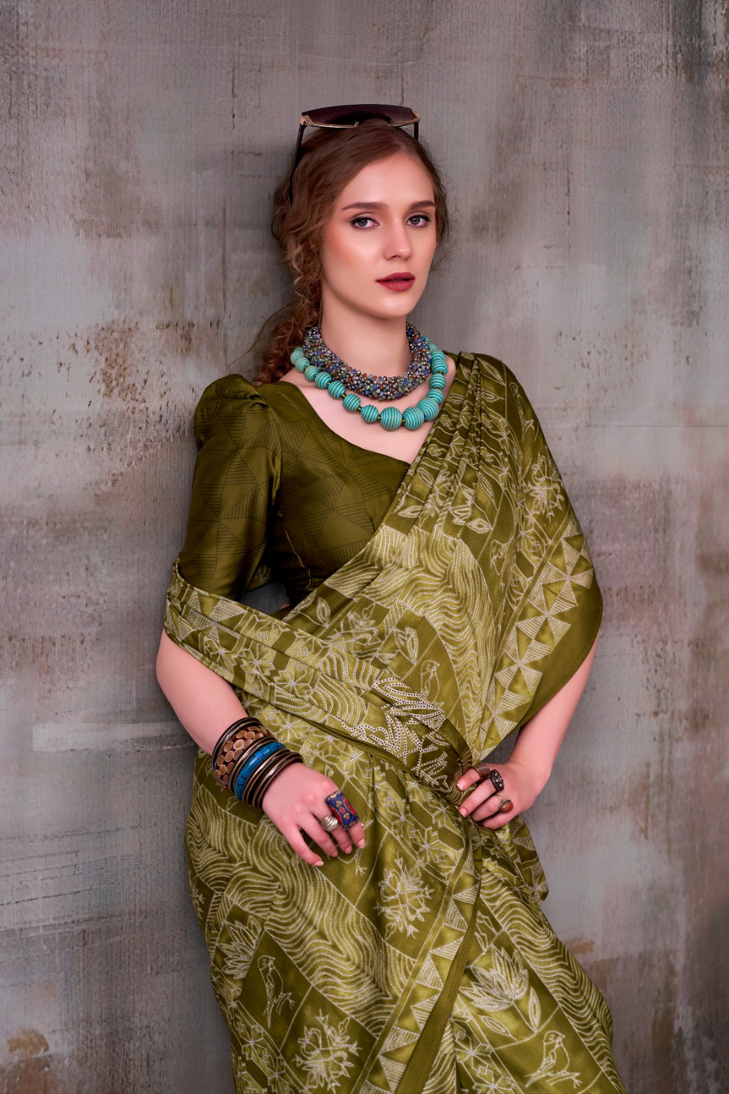 Model Silk Digital Print Saree with Matching Printed Blouse