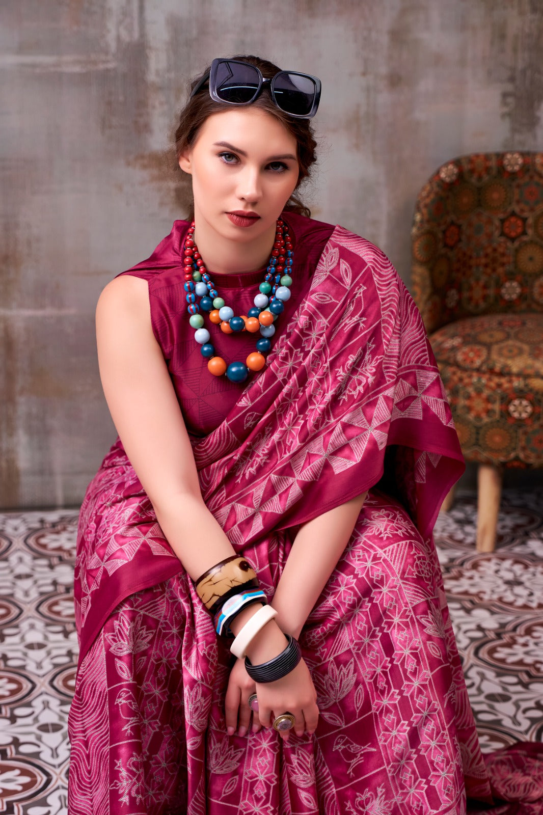 Model Silk Digital Print Saree with Matching Printed Blouse