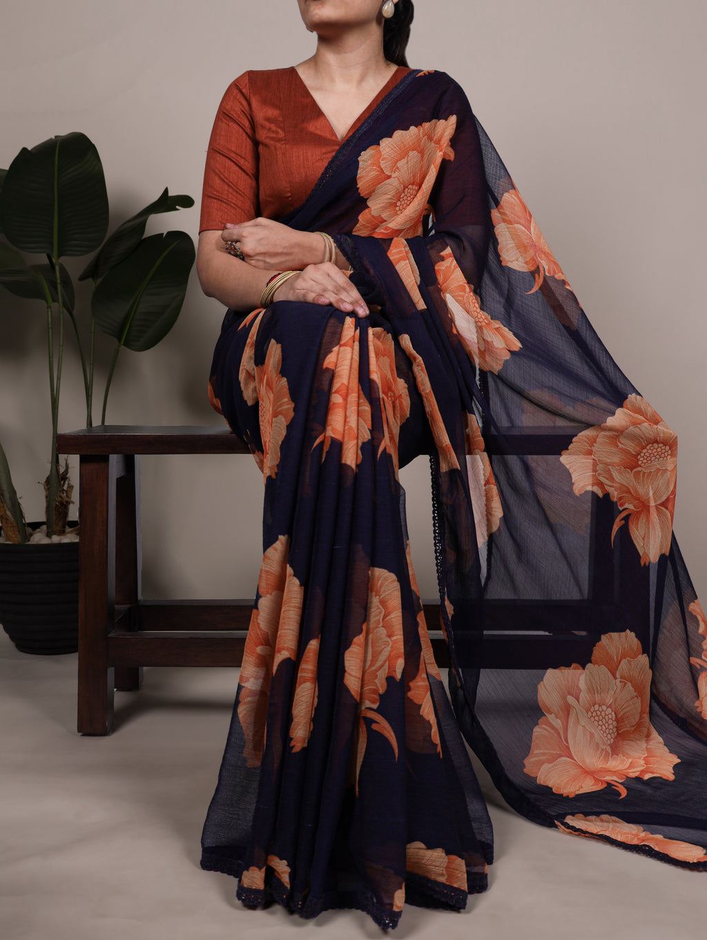 Floral Print Chiffon Saree with Lace Border & Banglory Blouse